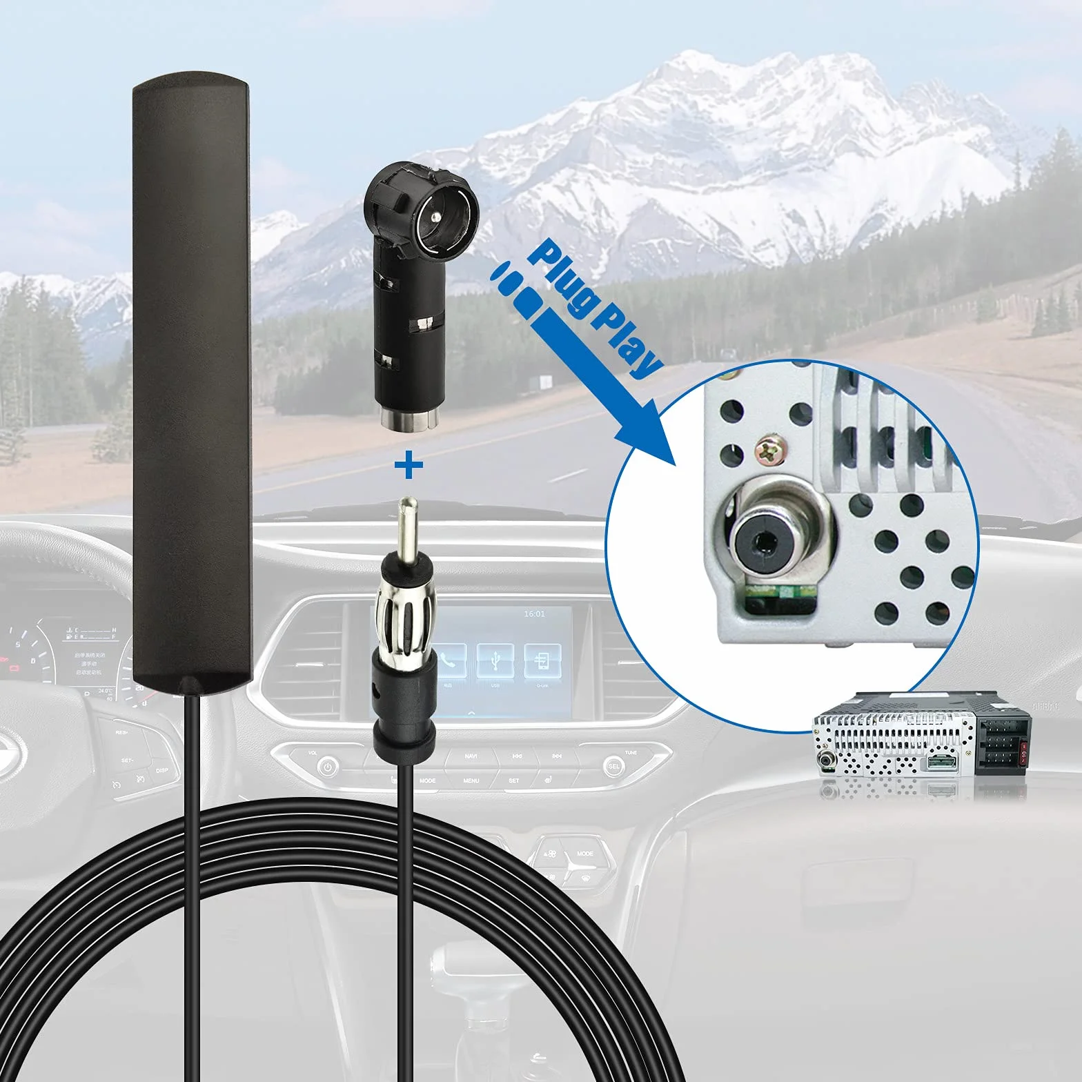 Eightwood Antena samochodowa FM Antena radiowa FM Adapter Din Antena 3 metry Pasta kablowa antena + adapter DIN 41585 żeński do ISO do radia FM, samochody ciężarowe Dab