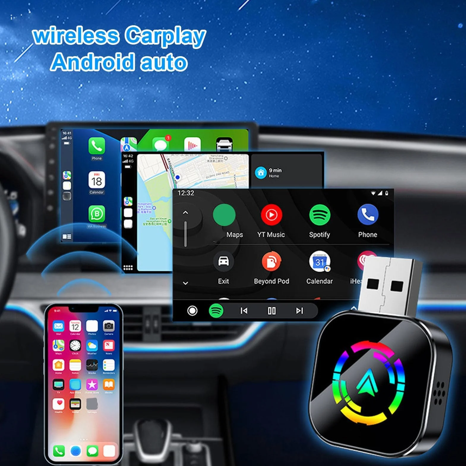 Ejoyous 2-w-1 Bezprzewodowy Adapter Auto Auto, Wireless Adapter 5.8 GHz-WLAN z Adapterem Typu C-AUF-USB IOS 6+/ 10+