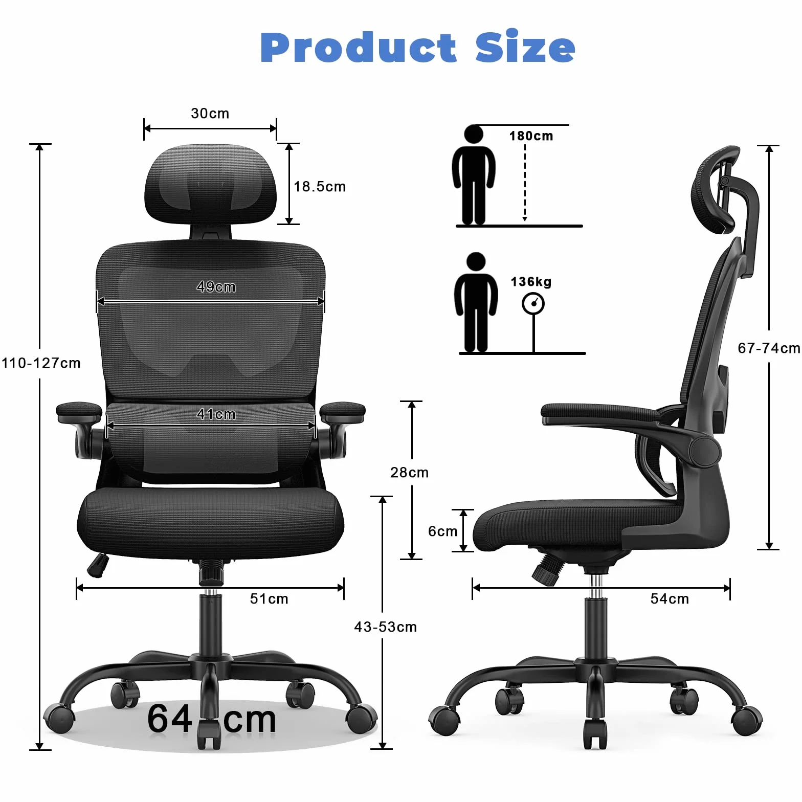Chaise de Bureau Ergonomique Fauteuil Bureau Support Lombaire Dossier Appui-tête Réglables Accoudoir Réversible Siège Maille Respirante Noir
