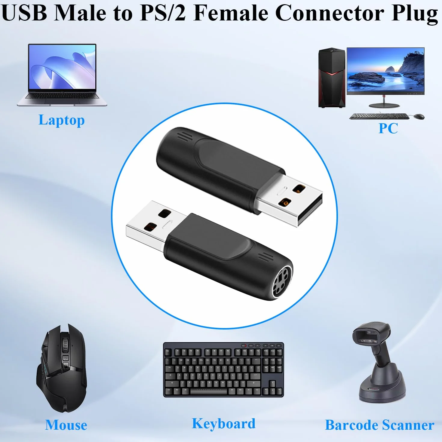 Adaptateur USB Type A Mâle vers PS/2 Femelle Convertisseur Souris Clavier 2Pcs
