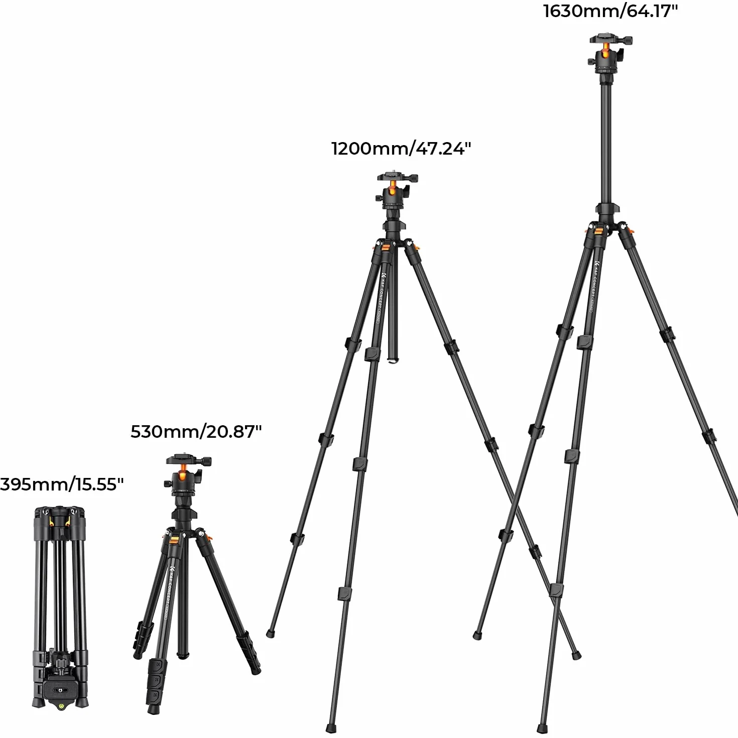 K&F Concept Statyw do aparatu 163 cm, lekki aluminiowy statyw podróżny na zewnątrz z głowicą kulową nośność 20 kg/44 funty, uchwyt na telefon, do aparatów DSLR K234A0+BH-28L