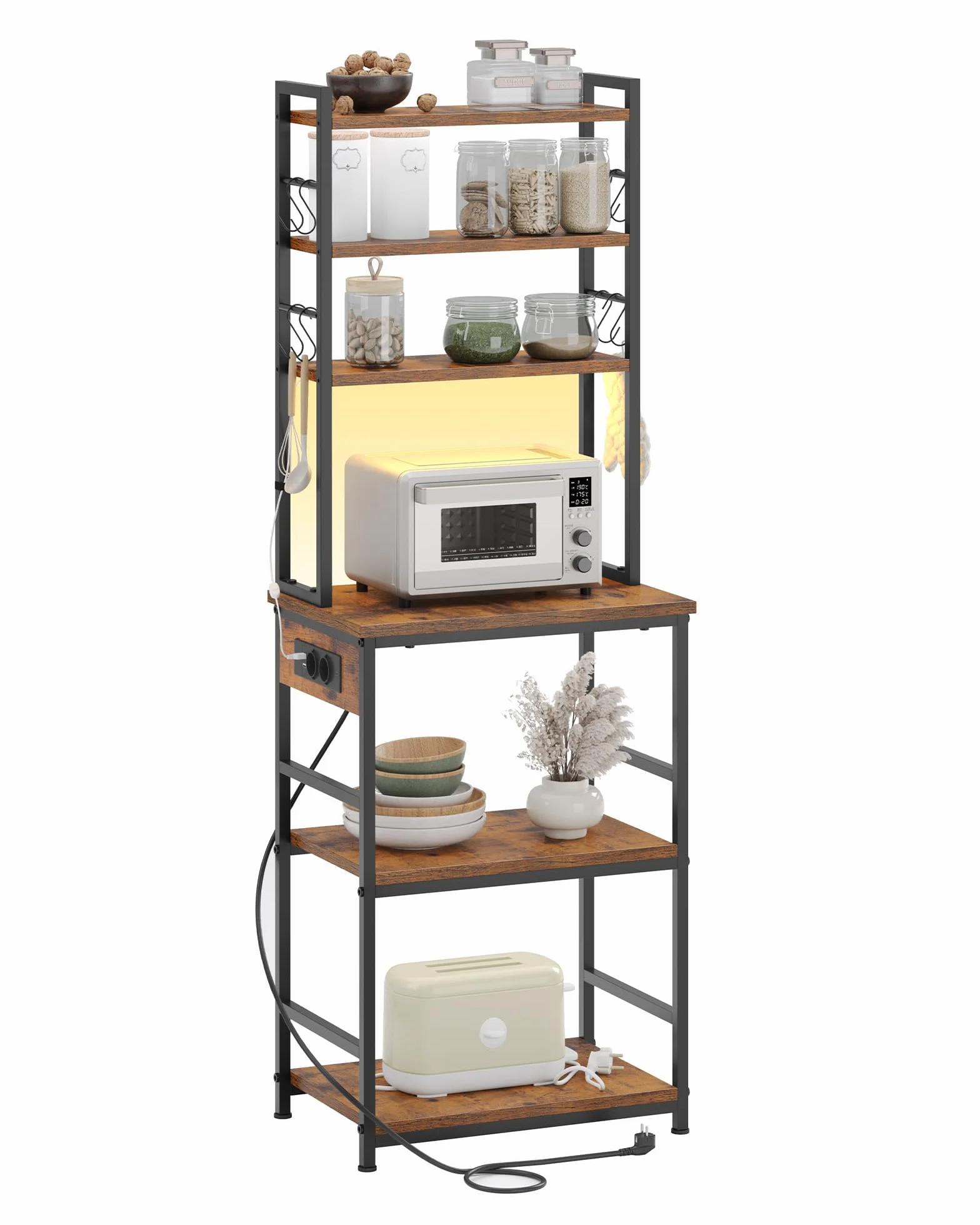 KIMENICH Étagère de Cuisine, Meuble de Cuisine avec LED et Multiprise, Étagère à Micro-Ondes à 6 Niveaux avec 8 Crochets en S, pour Cuisine, Salon, 40 * 60 * 174 cm, Marron