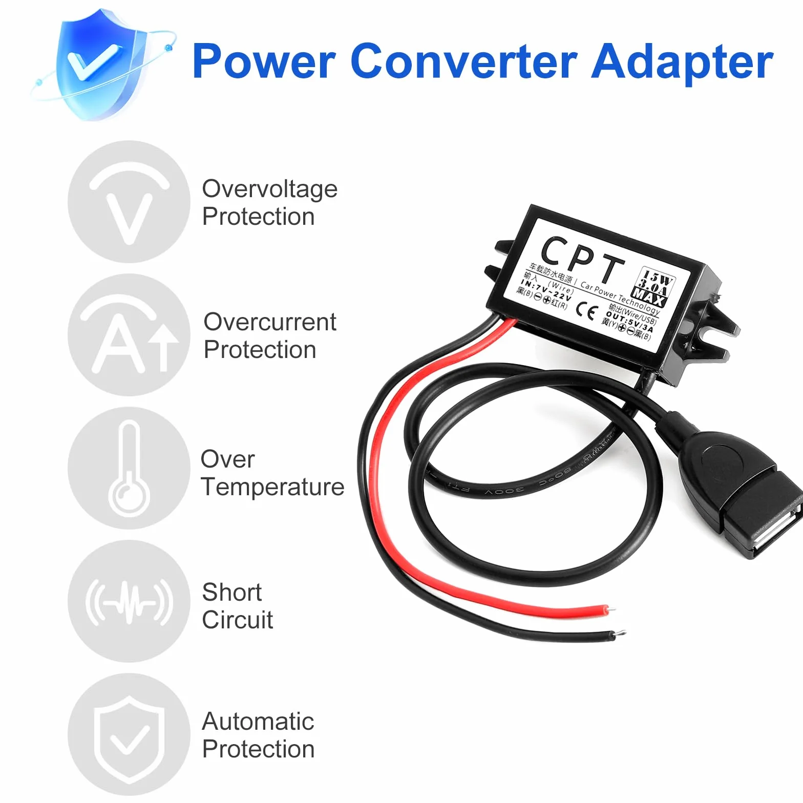 12 V na 5 V USB adapter do samochodu, konwerter DC DC Buck, regulator napięcia, 7 V-22 V, wejście USB 3 A 15 W, 12 V do motocykla, GPS, system monitoringu