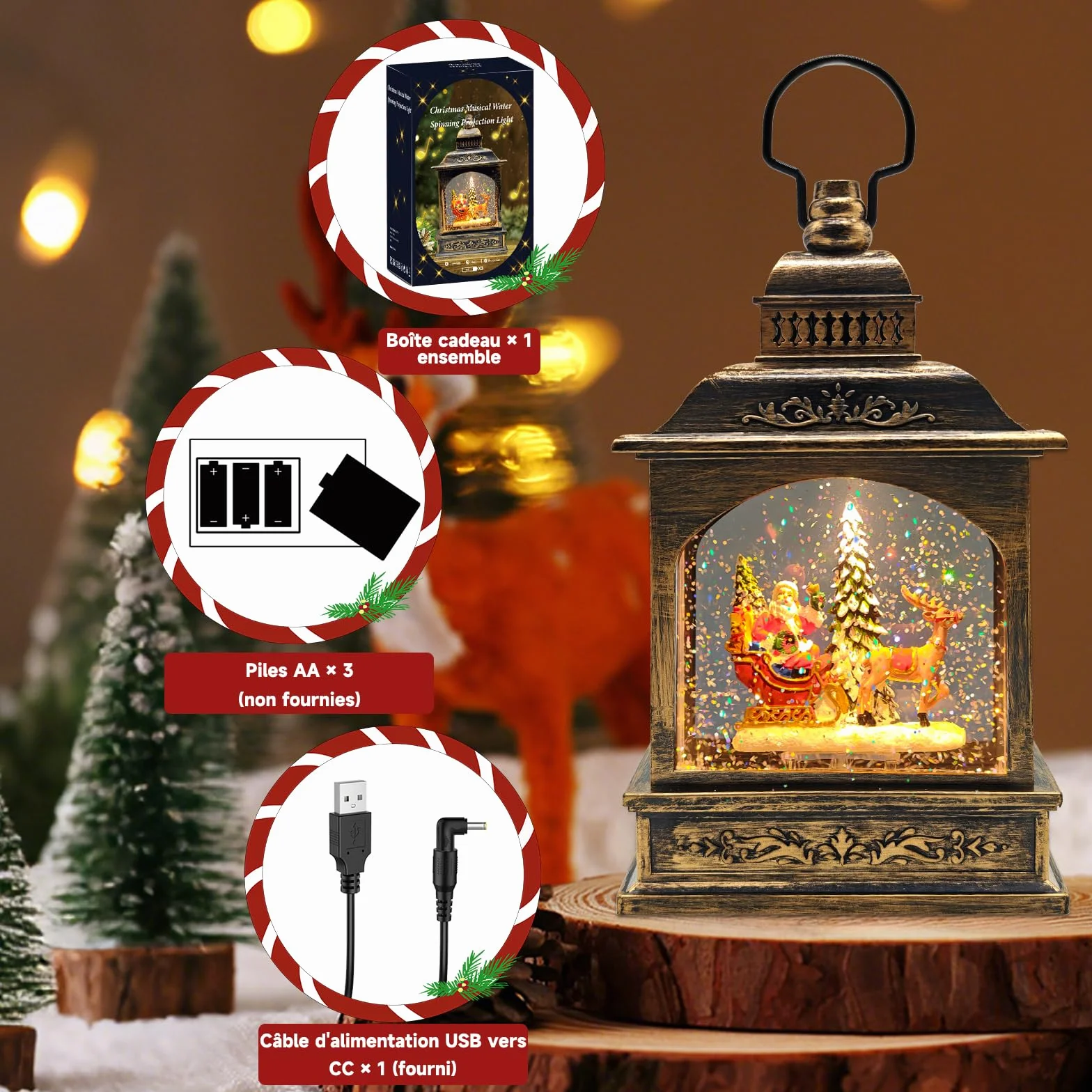 Christmas snow globe lantern with Santa Claus swirling glitter for festive decoration (Père Noël + élan + sapin de Noël)