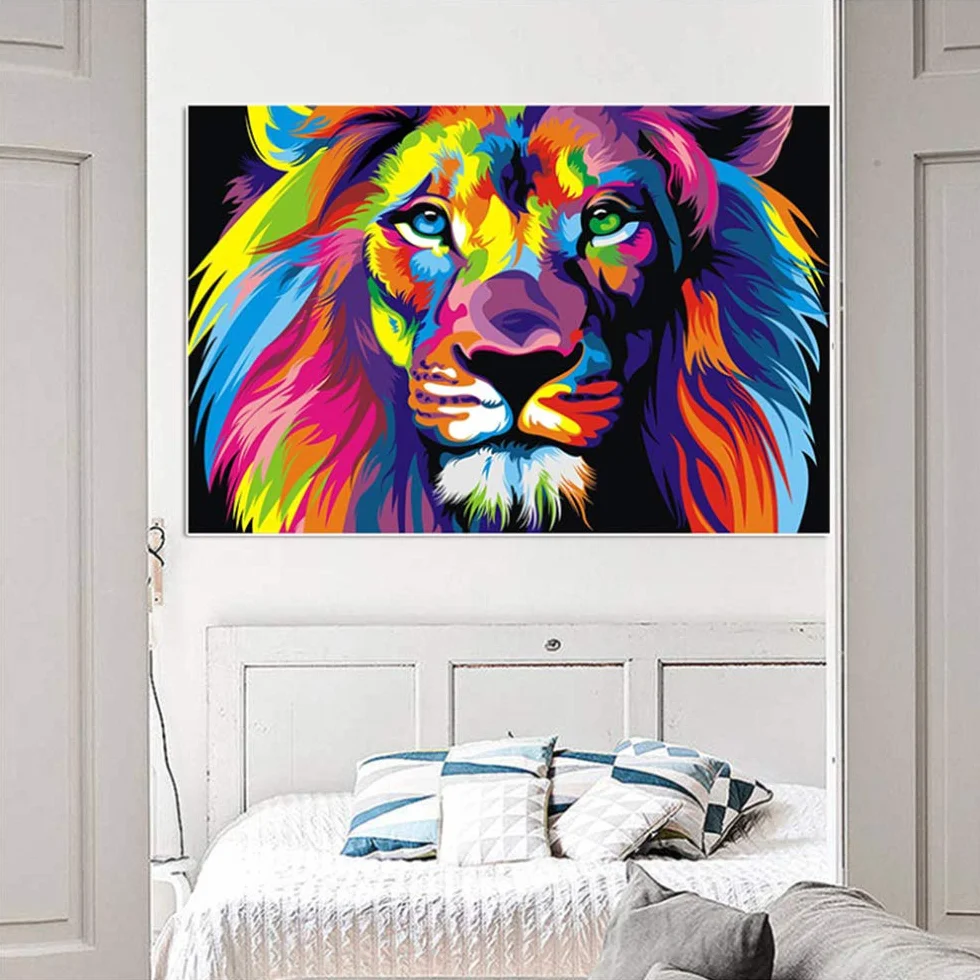 HYFBH Peinture sur Toile Aquarelle Lion Animaux Abstrait Affiche et Impression Pop Art Moderne Mur Photo pour Chambre d'enfant décor oeuvre 60x90 cm (24x35 Pouces) avec Cadre