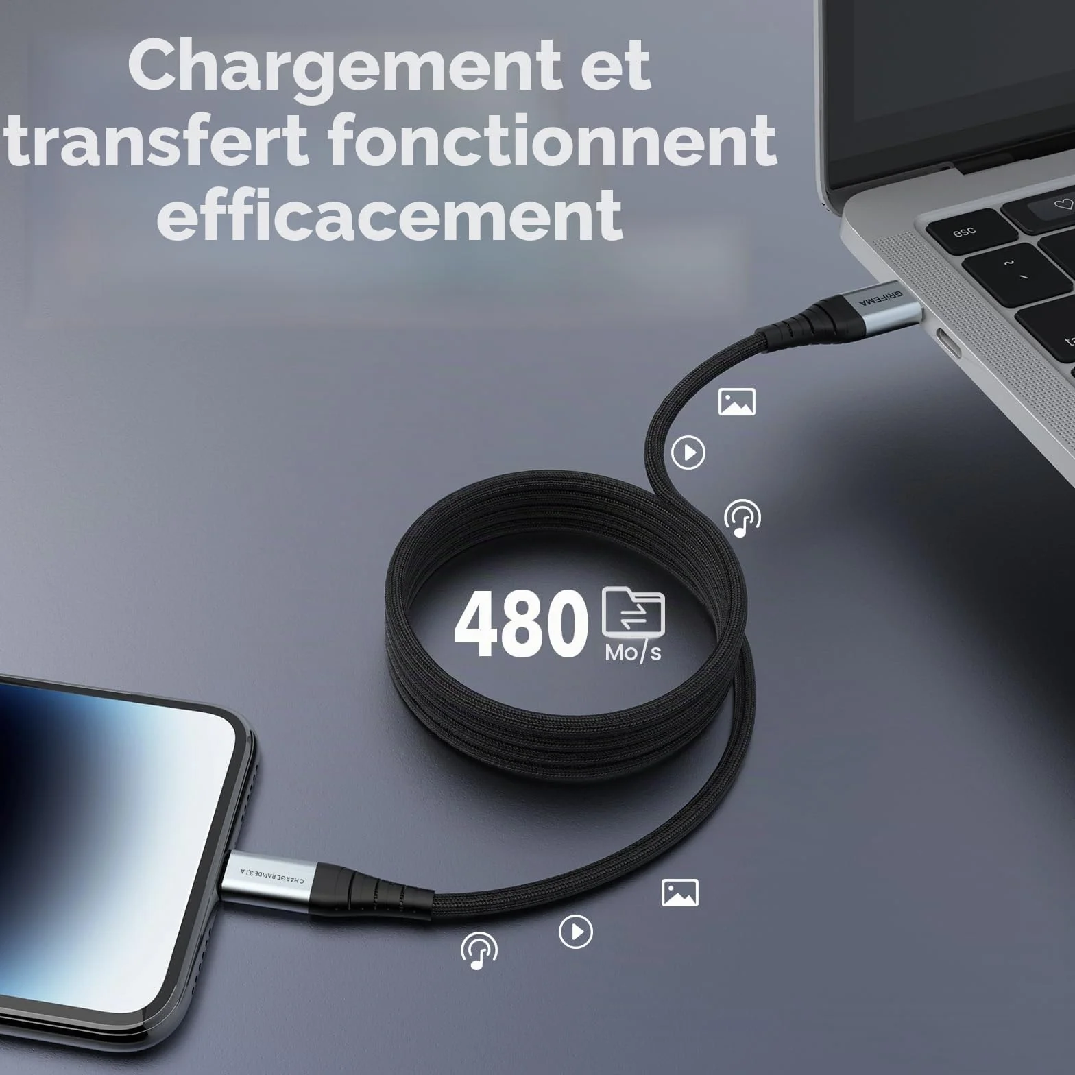GRIFEMA Câble USB C 2m Charge Rapide 3.1A QC3.0 Tressé Nylon pour iPhone 16/15 Samsung S22/S21/S20 Huawei Google Pixel Xiaomi