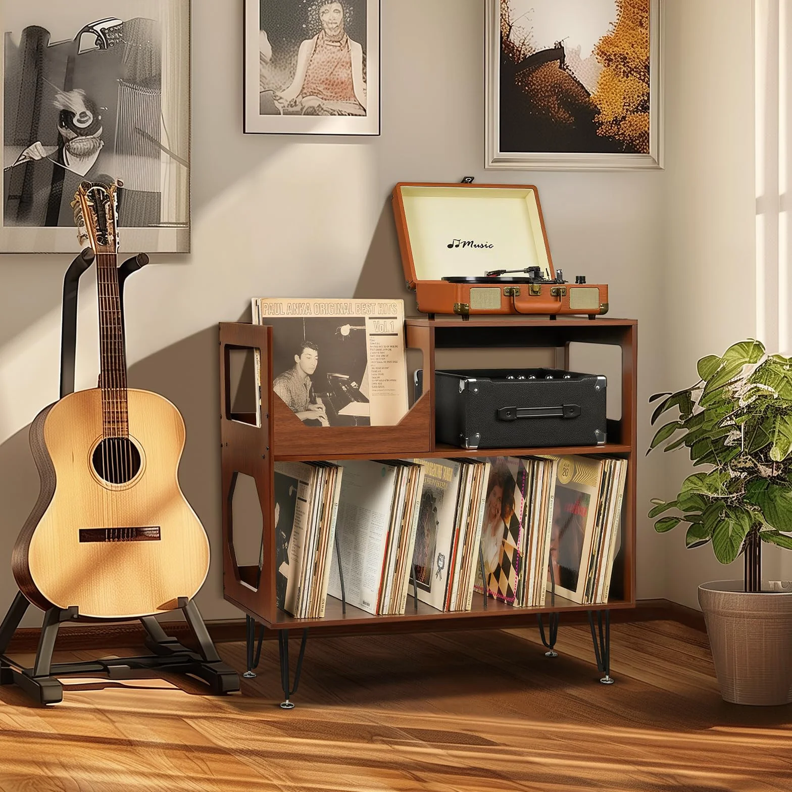 ikkle Grand support de tourne-disque rustique à 2 niveaux avec rangement de disques vinyle, armoire de rangement en vinyle avec pieds en métal, support pour salon, chambre à coucher, peut contenir 370