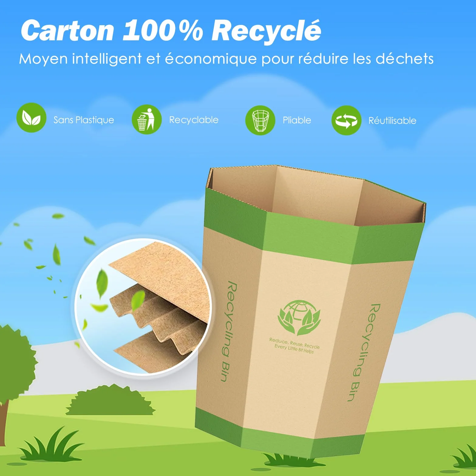 Corbeilles Papier en Carton Repliables 12L Lot de 6 - Poubelles Recyclables Sans Plastique pour Bureau Maison