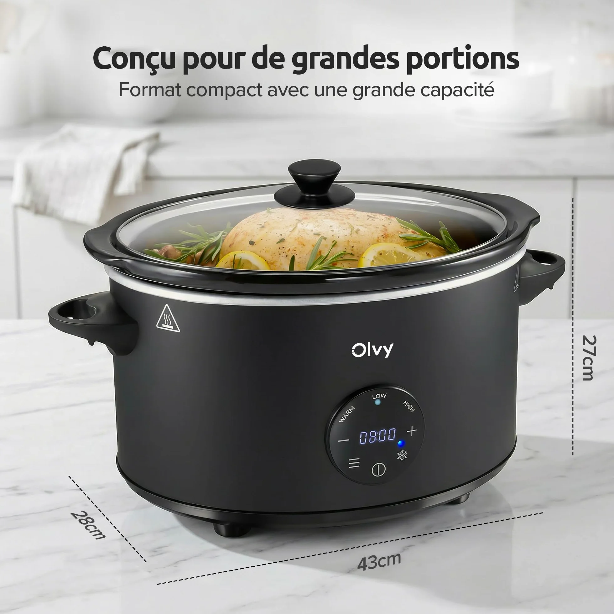 Olvy Mijoteuse numérique 6 l avec minuterie, écran tactile, fonction de maintien au chaud, fonction décongélation, minuterie 24 h, 3 niveaux, famille Meal Prep