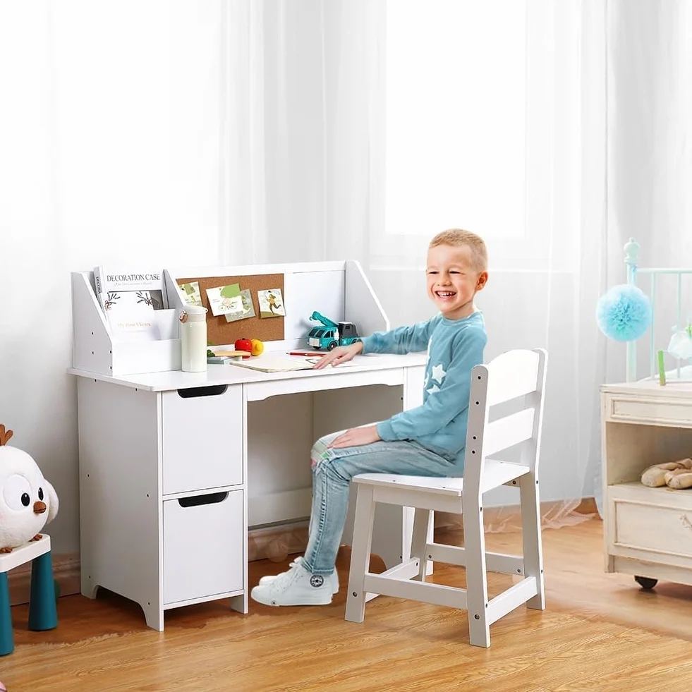 Bureau d'étude et Chaise pour Enfants, Table d'apprentissage en Bois avec Rangement, huche et Tableau d'affichage, Bureau d'ordinateur avec Chaise pour garçons et Filles âgés de 3 à 8 Ans