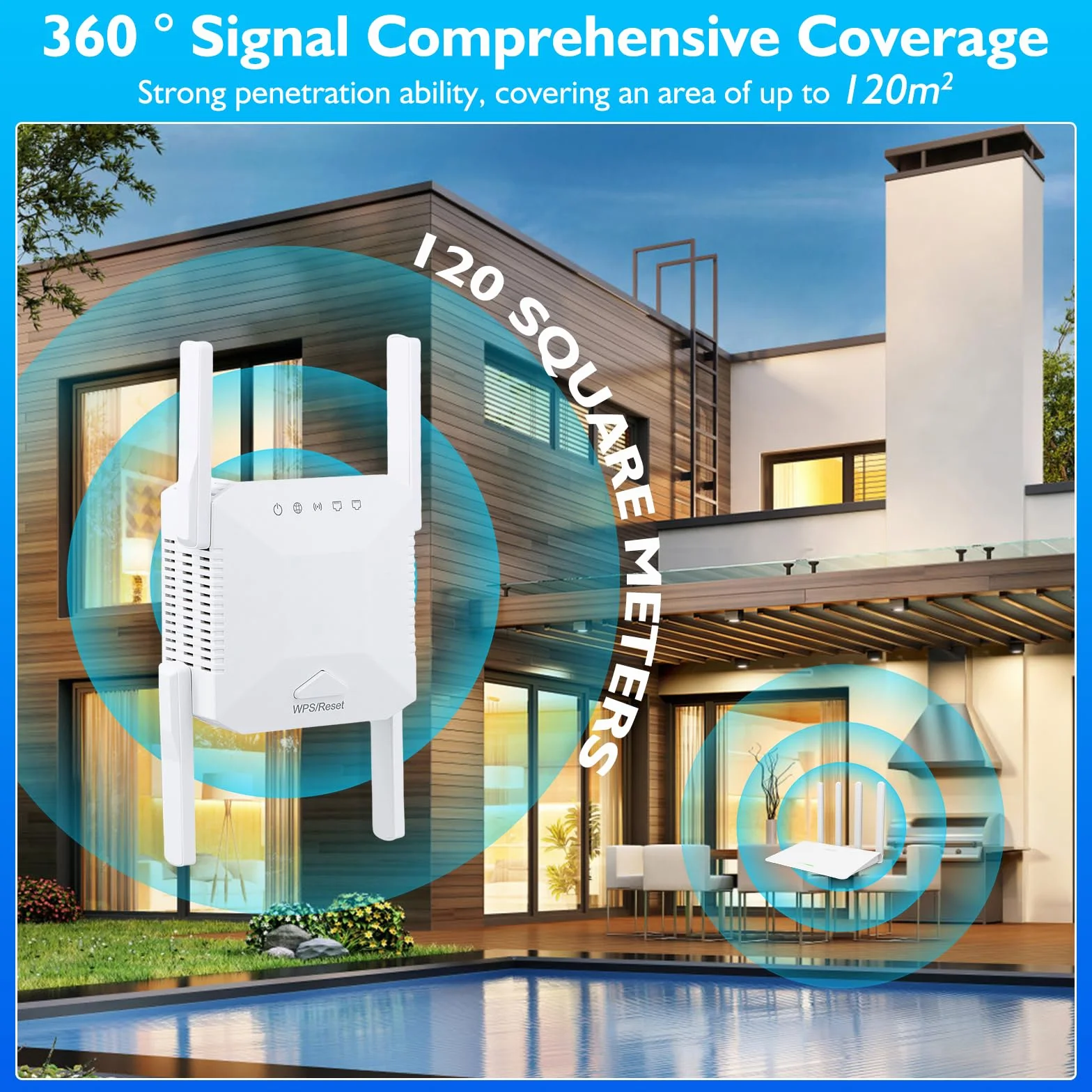 Potężny repeater WiFi 1200 Mb/s, dwuzakresowy wzmacniacz WiFi 2,4 GHz i 5 GHz, tryb repeatera/AP/router, 4 anteny zewnętrzne, przedłużacz Wi-Fi z portem Ethernet do domu i biura