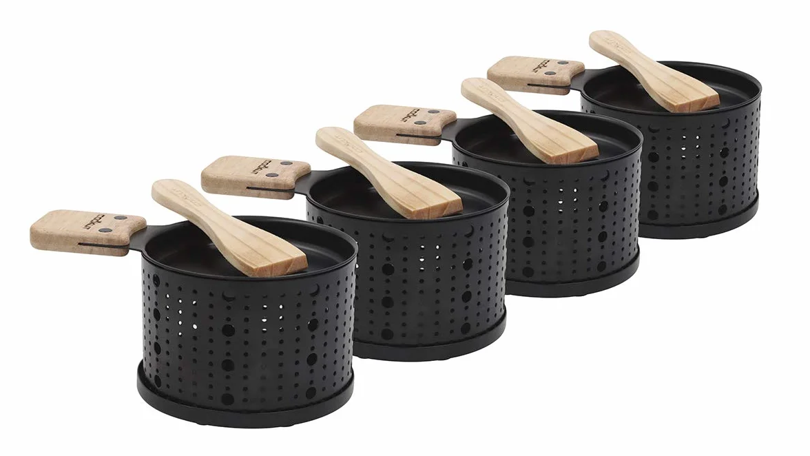 COOKUT - Lumi - Une raclette à la Bougie - Faites Fondre Votre Fromage en 3 Minutes - A Table, Devant la télé ou même en Pique Nique - Spatule Bois inclues - sans électricité - Pack de 4 appareils