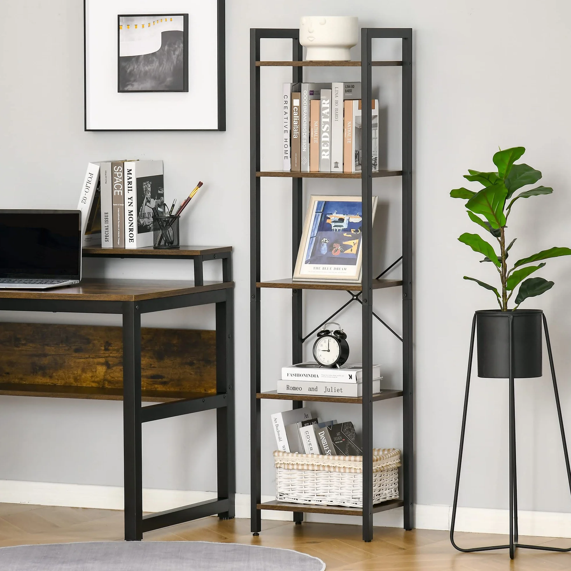 HOMCOM Étagère bibliothèque Style Industriel H154 cm 5 étagères Acier Noir Panneaux Particules Aspect Bois Vieilli