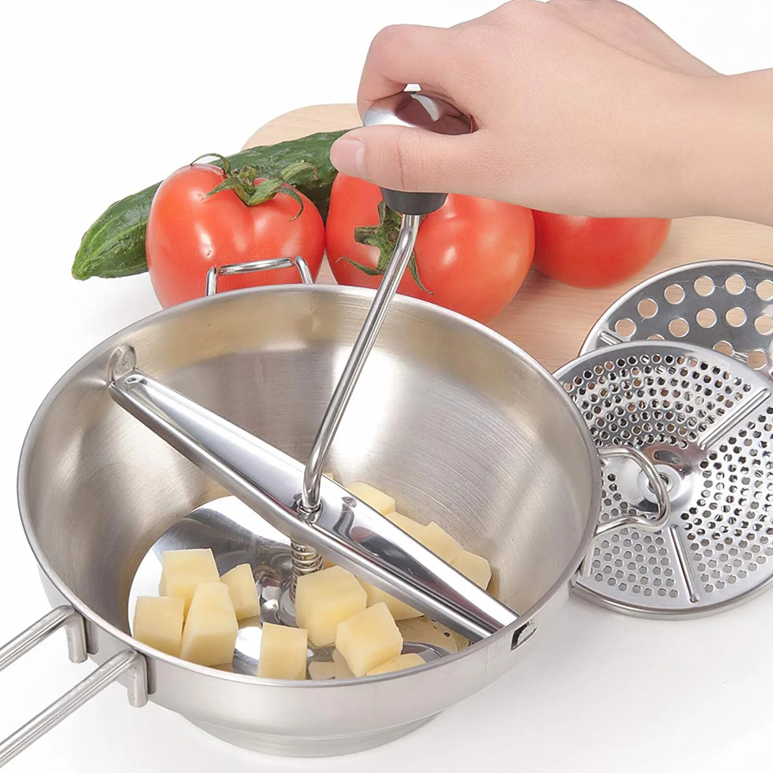 Moulin à Légumes Manuel en Acier Inoxydable avec 3 Tamis, Passe-Légumes Rotatif