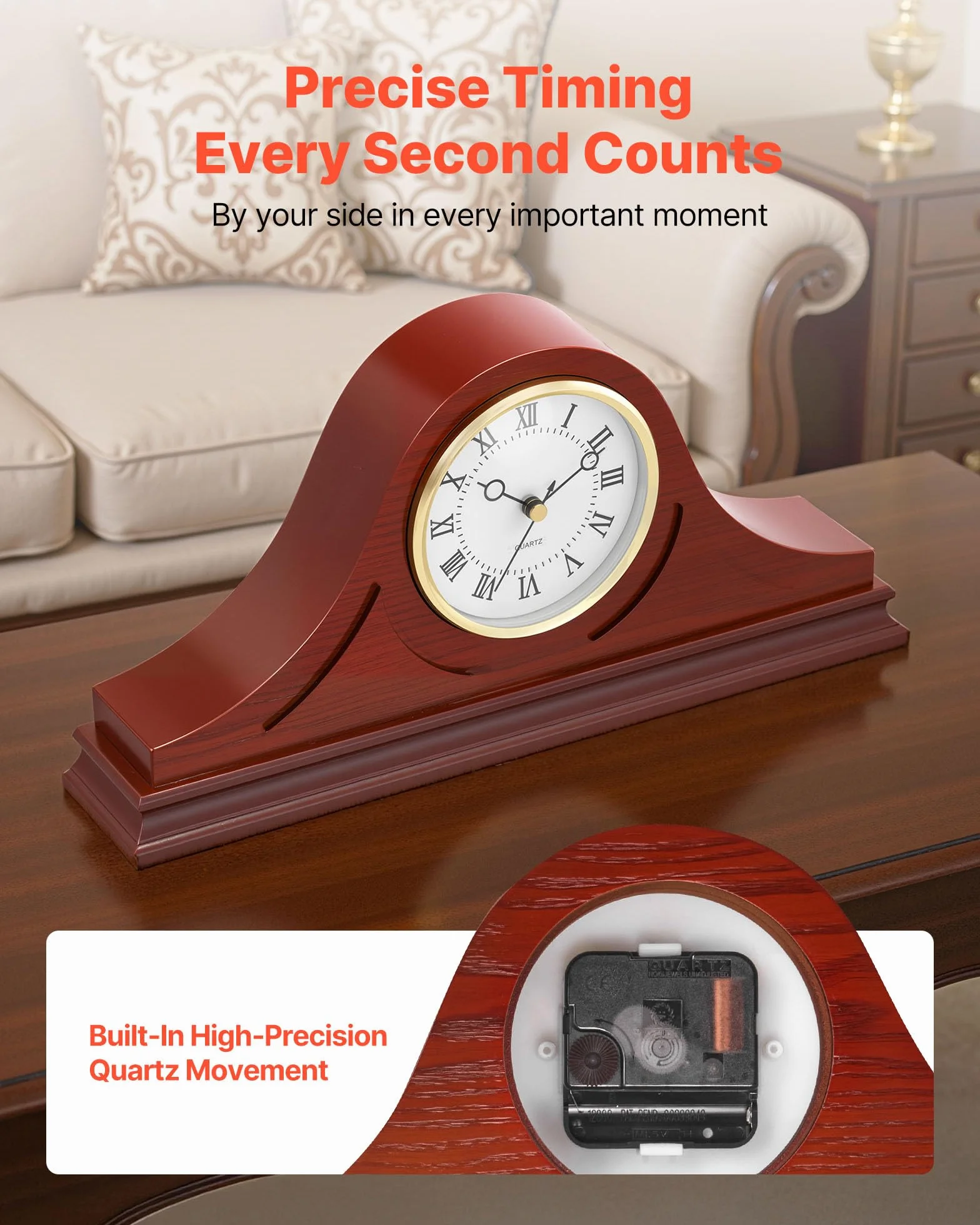 VEVOR Horloge de Cheminée Rétro 164 mm MDF Mouvement Quartz Design Silencieux Décoration Intérieure Finition Bois de Cerisier