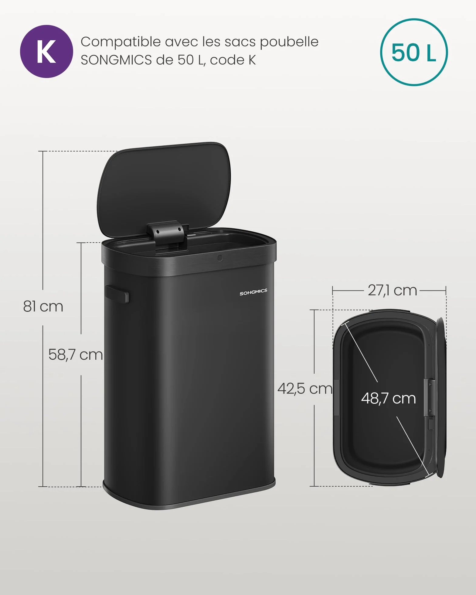SONGMICS Poubelle de Cuisine Automatique 50 L, Capteur de Mouvement, Acier, Noir d'Encre LTB640B02