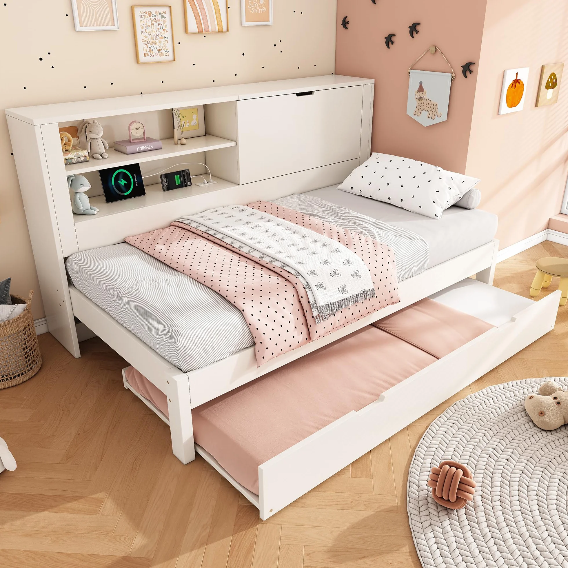Zepneiy Lit 90x200 avec gigogne 90x190, Canapé lit avec Panneau arrière de Rangement et Compartiment Ouvert, Lit Enfant avec Station de Charge USB-C et sommier à Lattes, Blanc(sans Matelas)