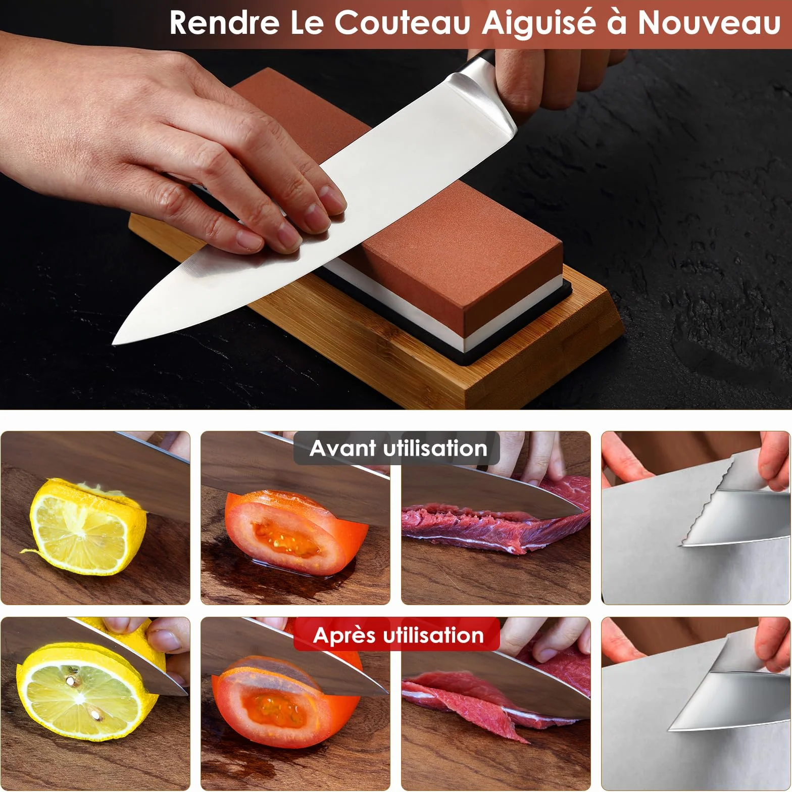 Pierre à Aiguiser 2 en 1 Professionnelle Double Face Grain 1000/6000, Aiguiseur pour Couteaux de Cuisine avec Base Antidérapante