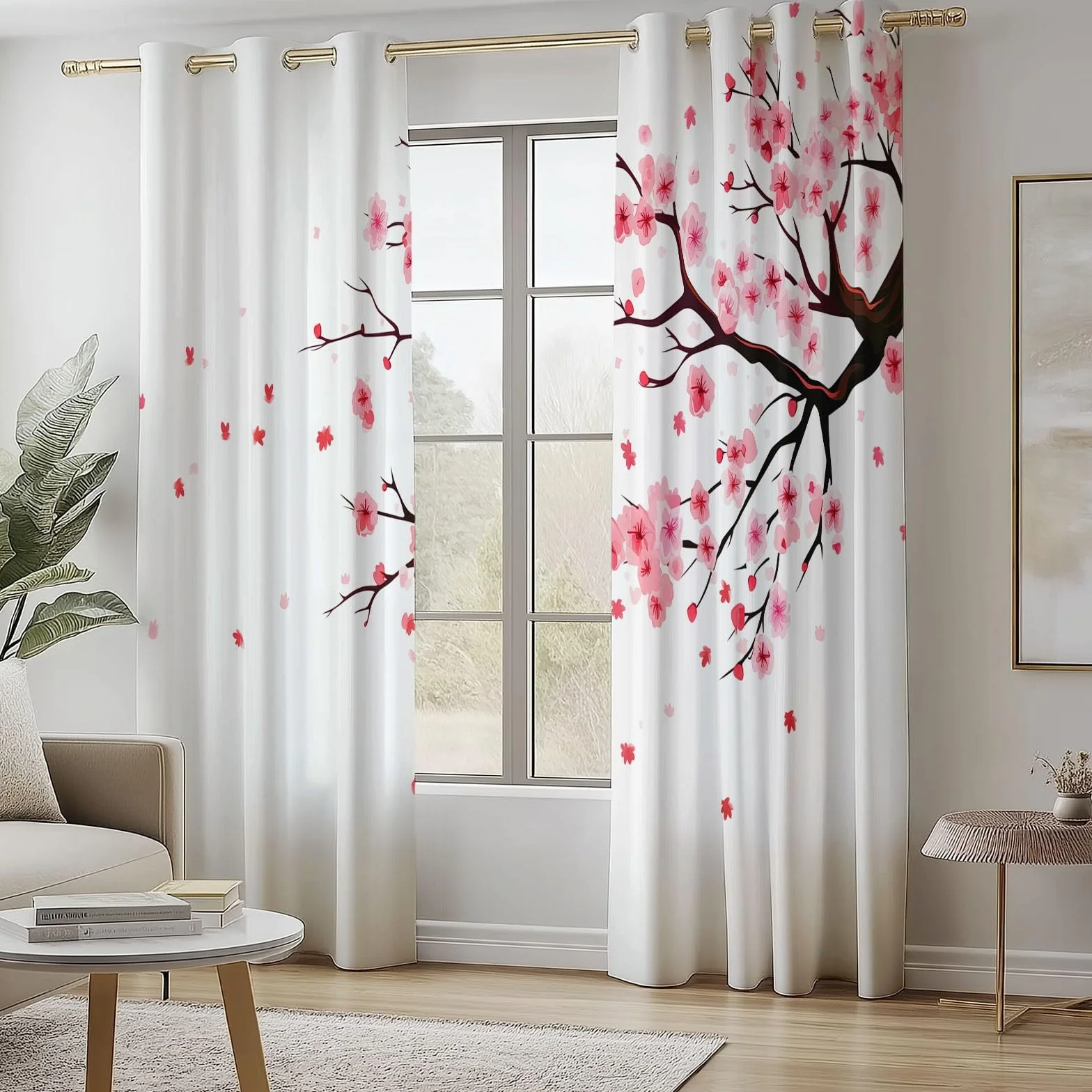 Rideaux Opaques 70L x 240H cm 2 Panneaux Design Fleurs de Cerisier Isolante Anti-Chaleur Blanc Rose