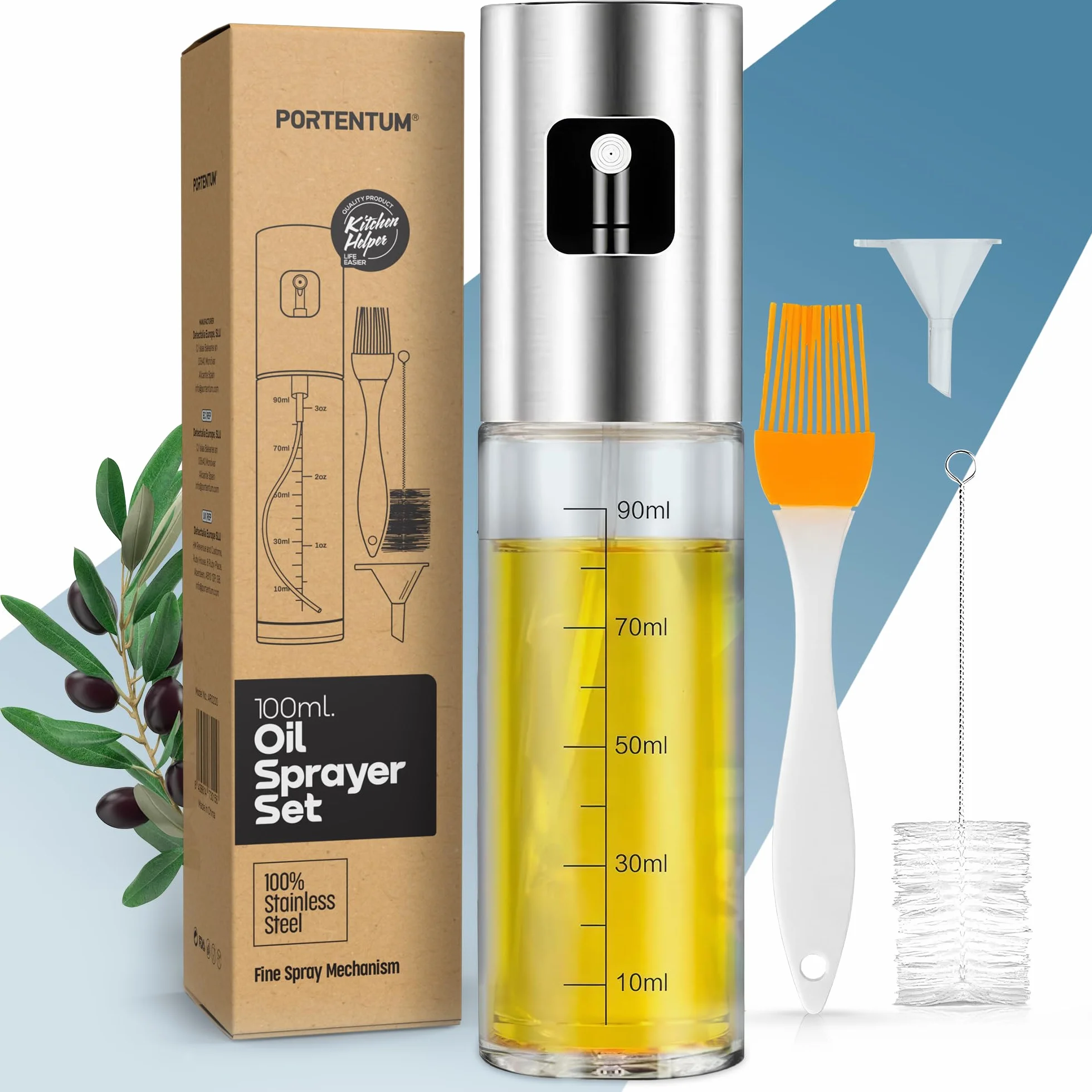 PORTENTUM Pulvérisateur d’Huile 100 ml Inox Huile Spray Cuisine Friteuse Air Huilier Verre Antigoutte