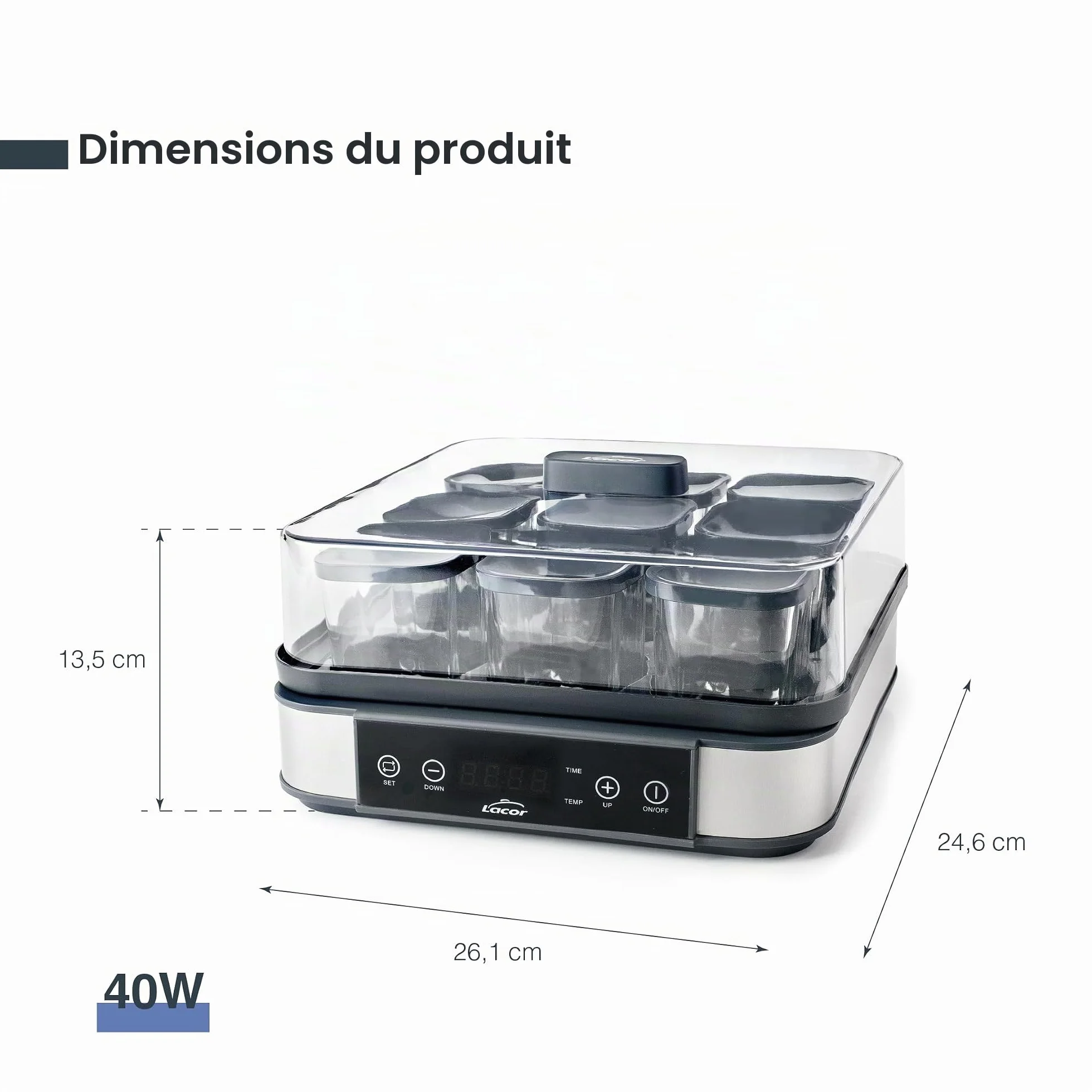 Lacor - 69439 - Yaourtière en Verre Deva, 9 Bocaux en Verre Inclus, Température Réglable, Minuterie, Arrêt Automatique, Livre de Recettes Inclus, 100% sans BPA, 170ml x 9