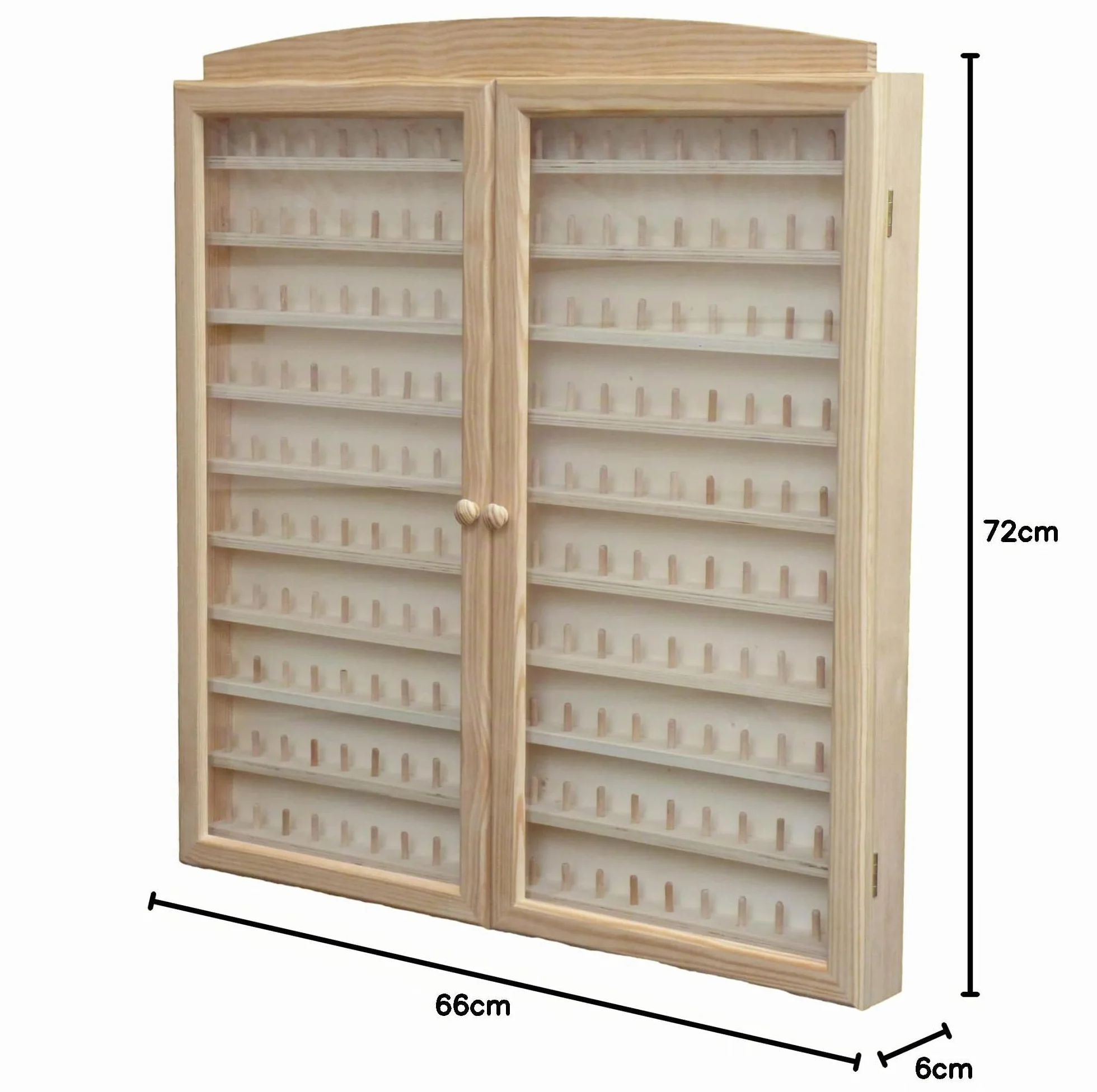 Vitrine Collections dés á Coudre. Capacité 200 dés. Pin Naturel, à Peindre. Mesures (Largeur/Fond/Hauteur) : 66 * 6 * 72 cms.