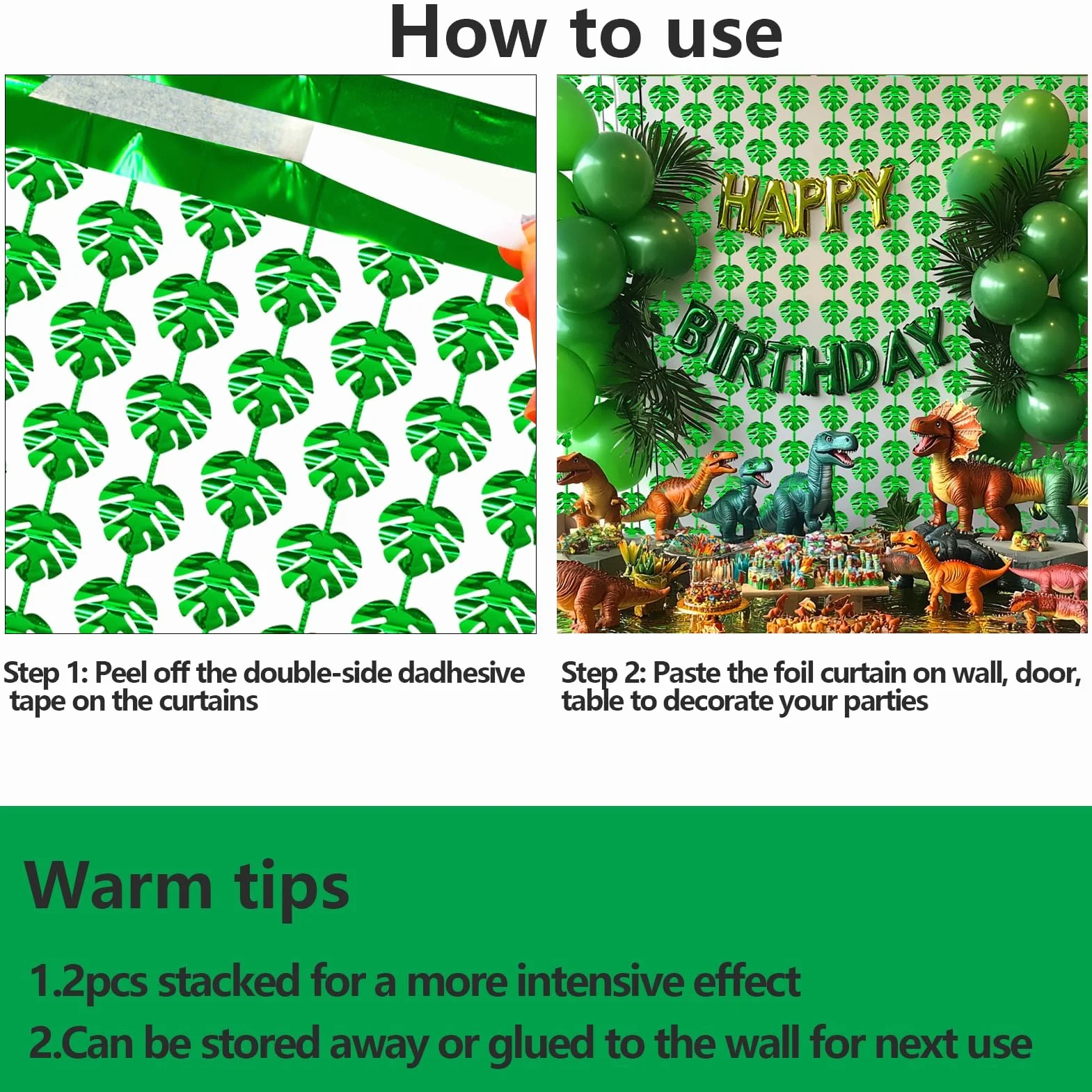Rideaux Palmier 2 Pièces Feuilles Tropicales Vert Paillettes à Franges pour Portes, Fenêtres