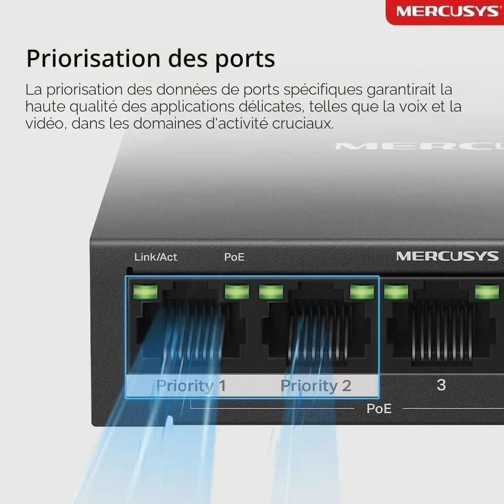 Mercusys TP-Link MS105GP Switch PoE+ 5 ports Gigabit, 4 ports PoE+, 65W, Boitier Métal