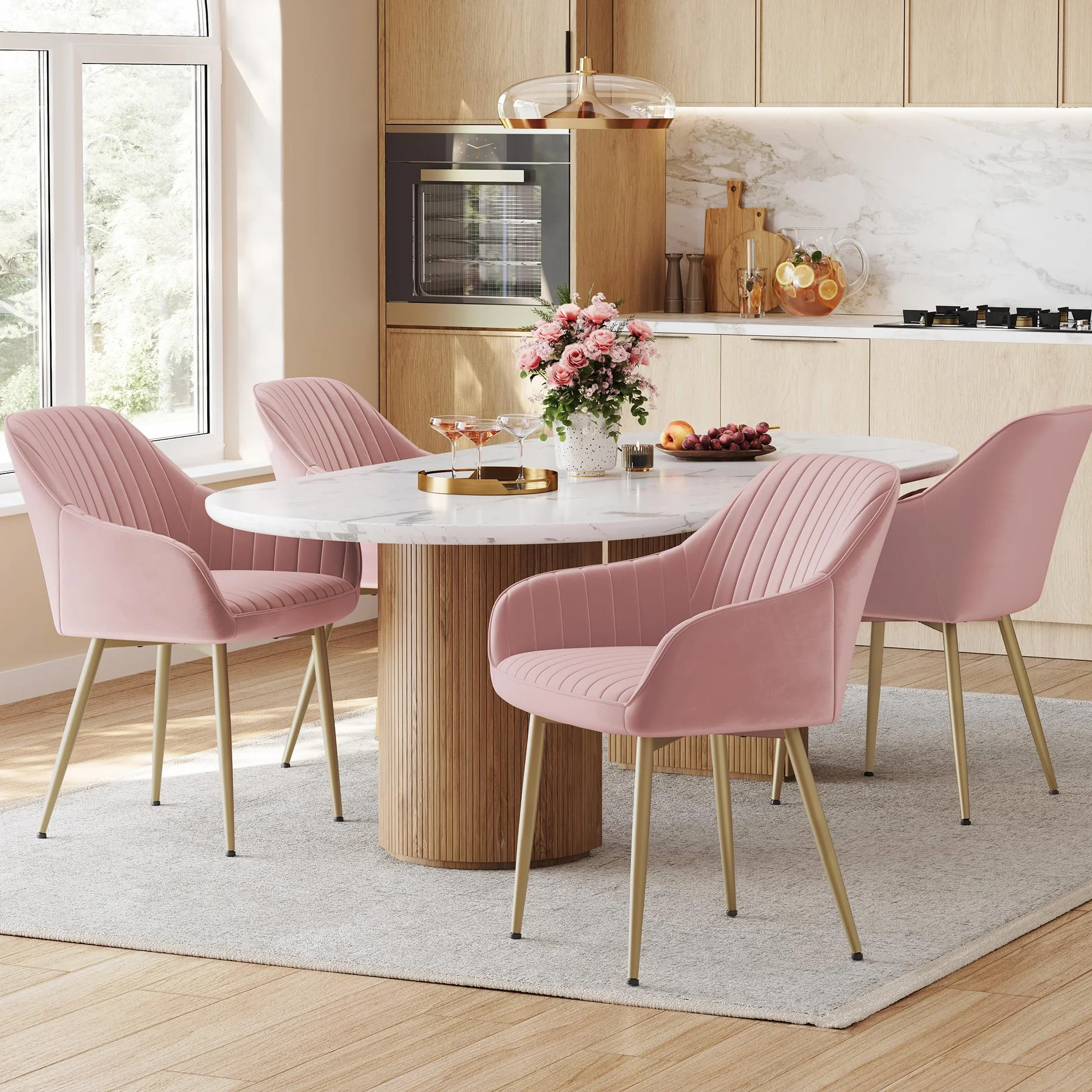 SONGMICS Chaise Salle à Manger, Chaise de Cuisine, Fauteuil en Velours, Rembourrée, avec Accoudoirs, Charge Max. 120 kg, Pieds en Métal, pour Salle à Manger, Rose Bonbon et Doré Clair LDC087R01
