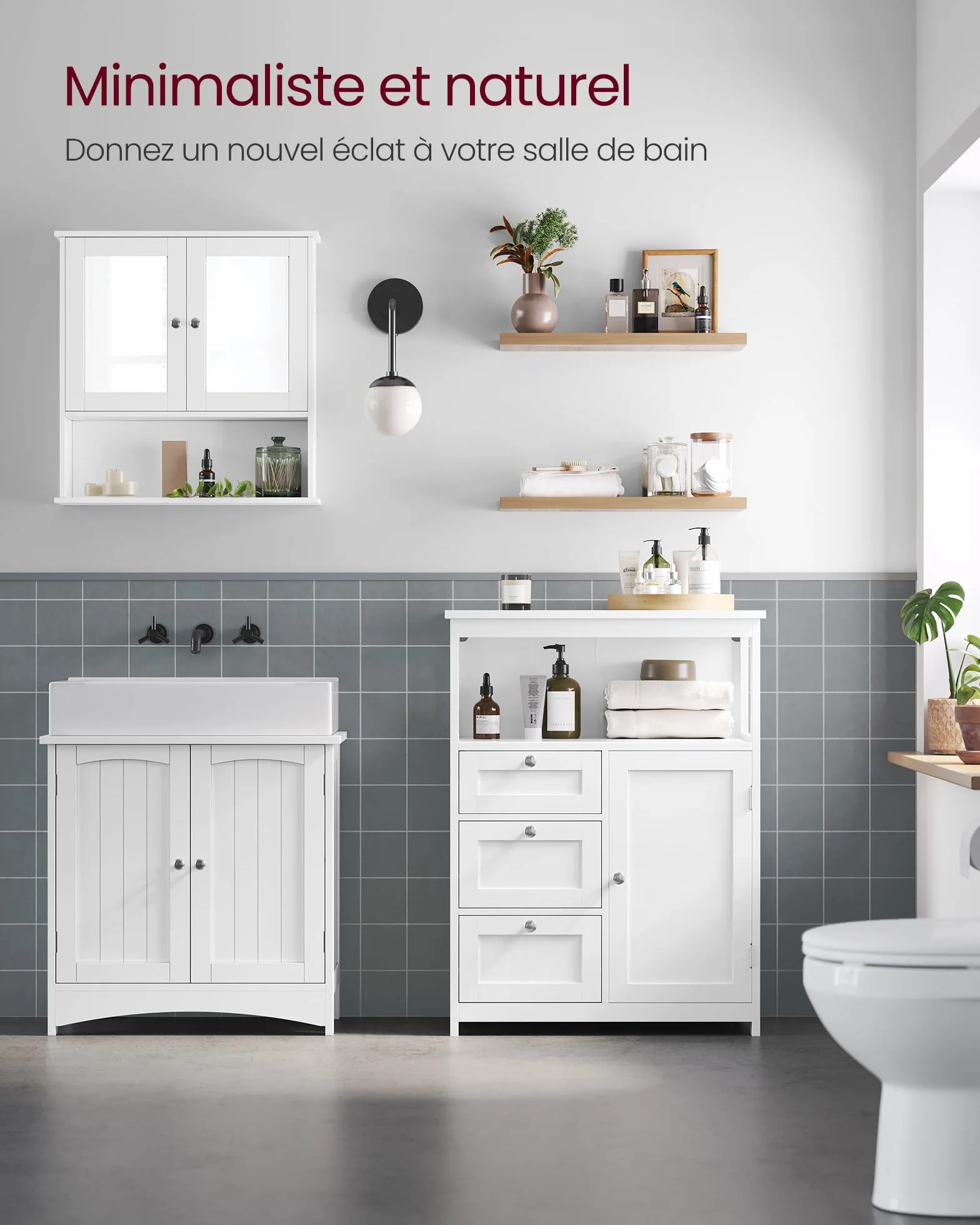 VASAGLE Meuble de Salle de Bain, Meuble de Rangement, Commode, Placard, Armoire, avec Étagères Réglables, 3 Tiroirs, 30 x 60 x 80 cm, Blanc BBC542P31V1