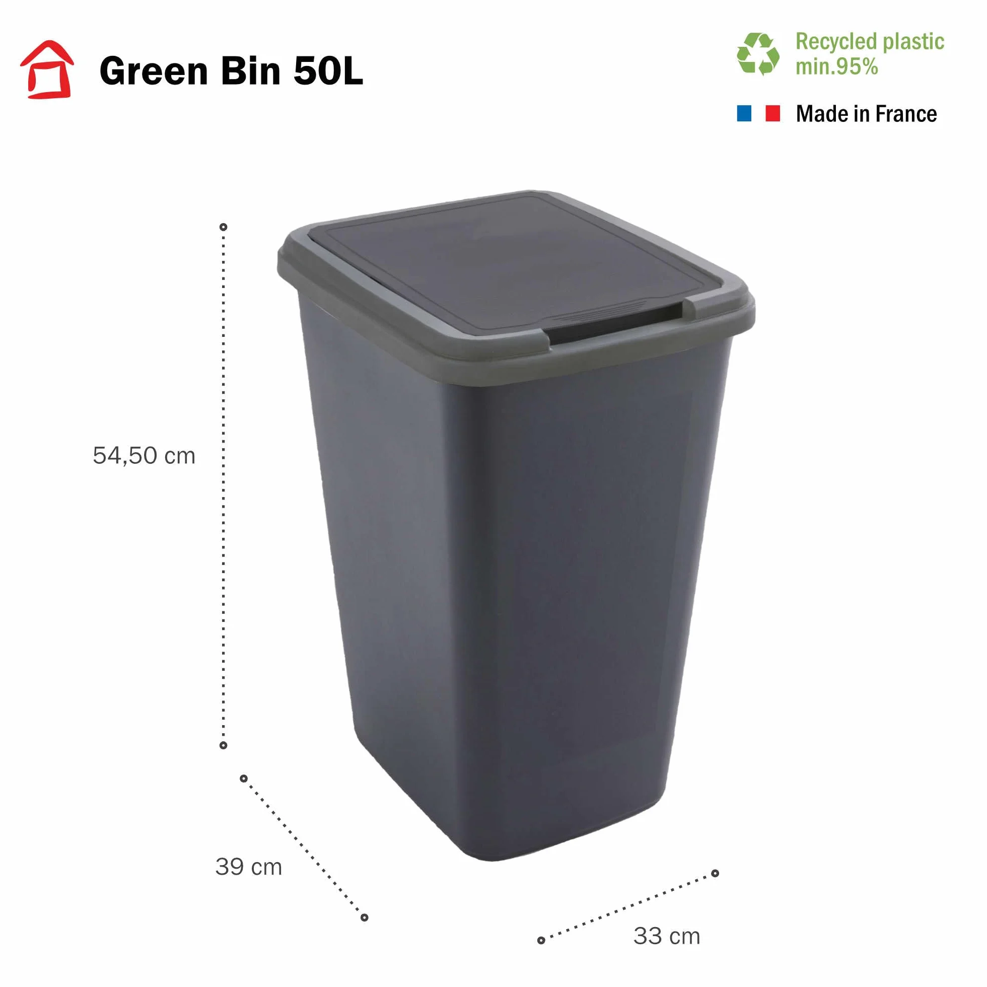 SUNDIS poubelle de tri sélectif 50 L rectangulaire en plastique recyclé couvercle à bascule ou fixe