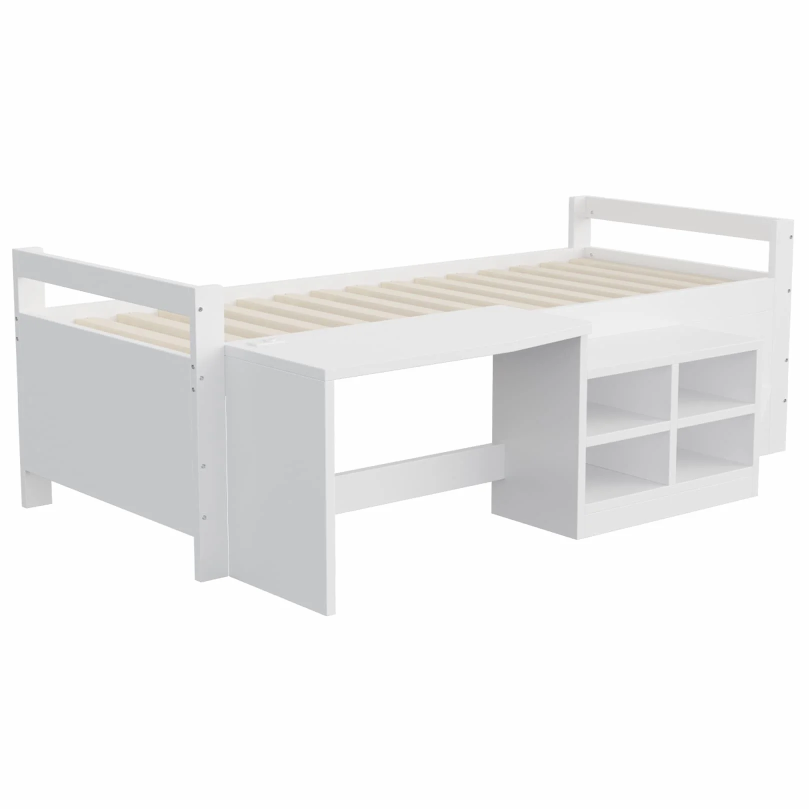 Lit Une Place 90x200cm,Lit 1 Personne avec Bureau,Prises électriques,4 Compartiments de Rangement,Sommier à Lattes Solide,pour Garçons Filles(A-Blanc, 90x200)