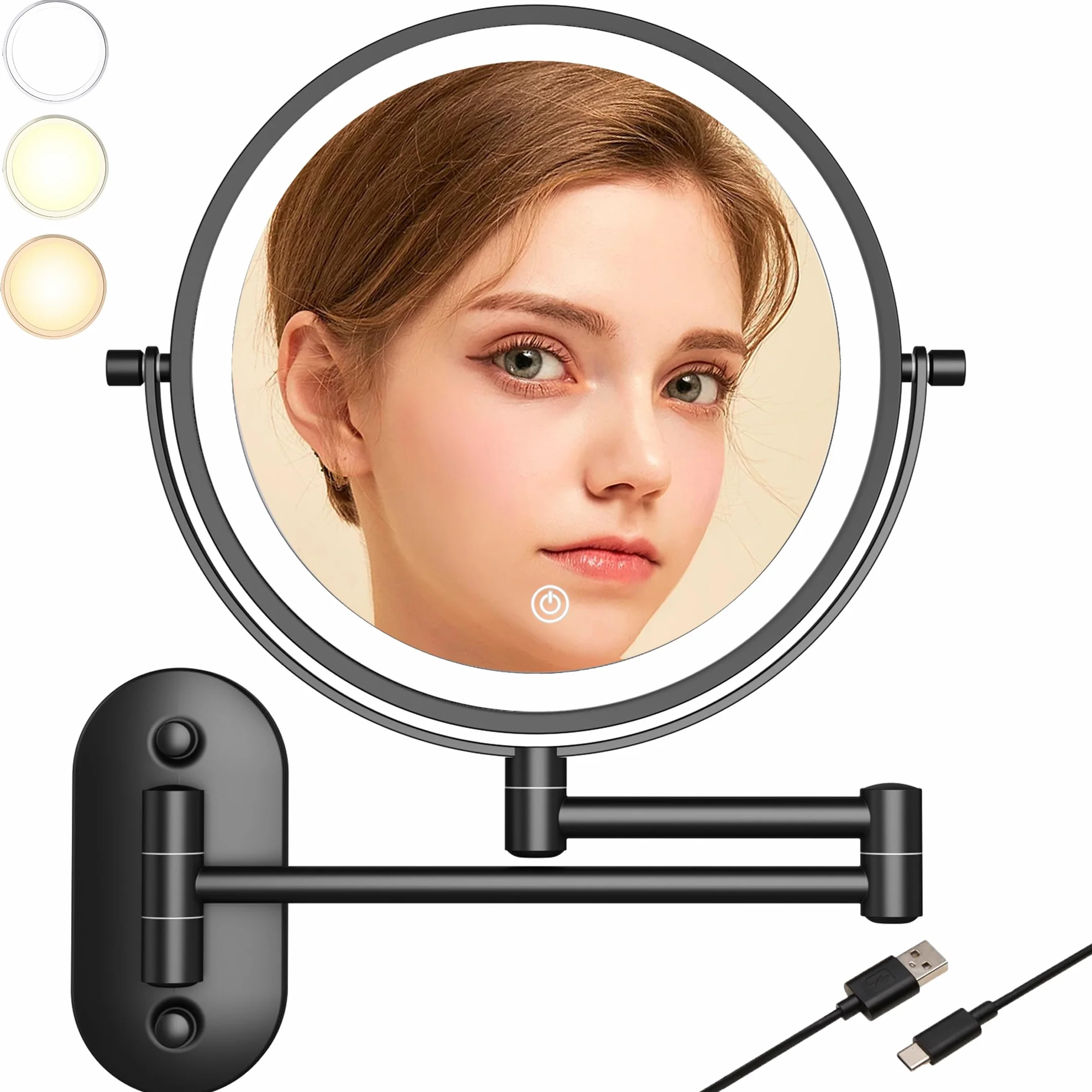 Miroir Grossissant Lumineux De 8" avec LED Grossissant Lumineux Mural X 10 pour Coiffeuse D'hôtel, Salle De Bain Et Rasage Rechargeable par USB,Miroir Mural Salle De Bain (noir-10X)