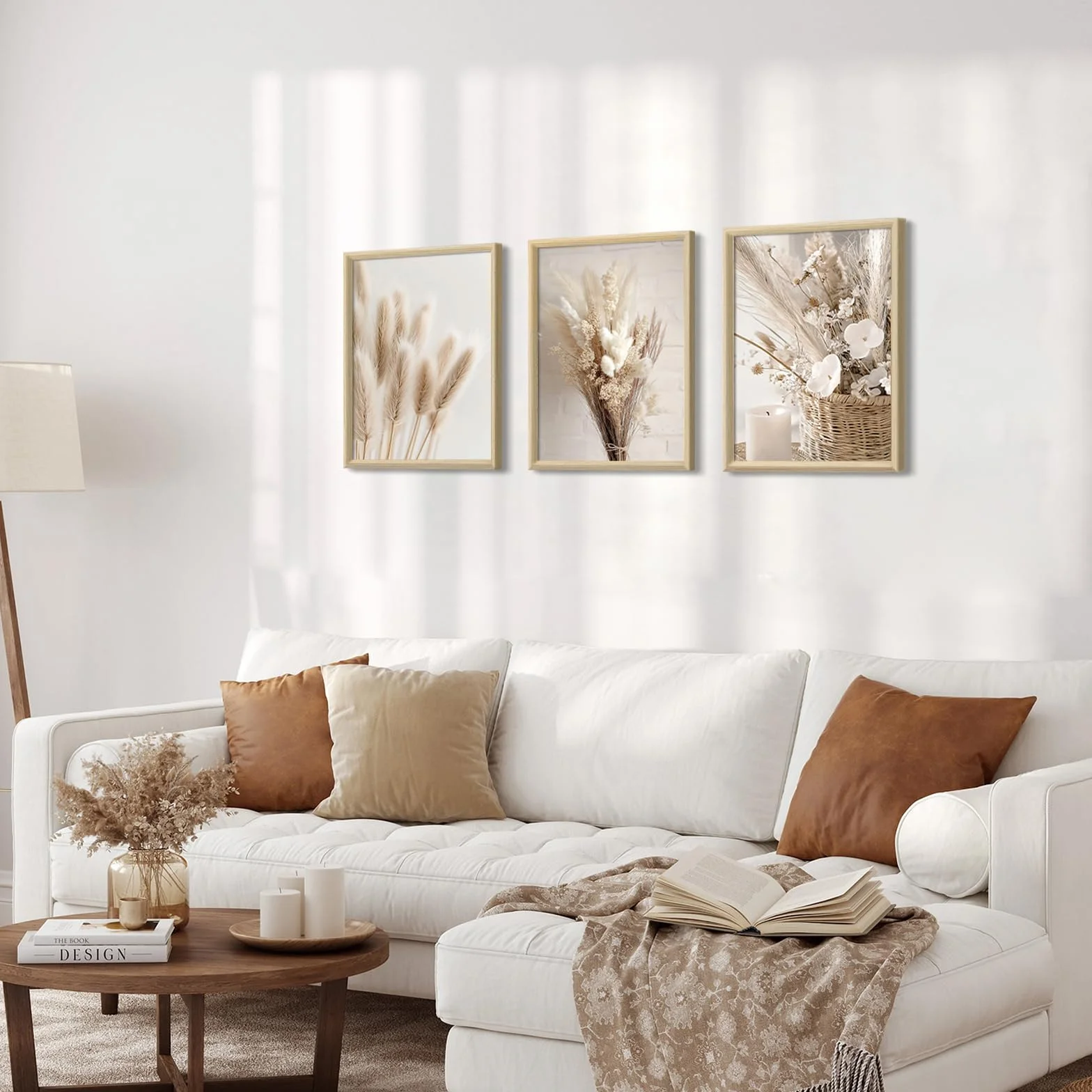Cadre en bois Impression sur Toile Beige Boho Tableau Peinture Affiche Fleur nordique Sauge Herbe Séchée Decoration Murale 30x40cm x3
