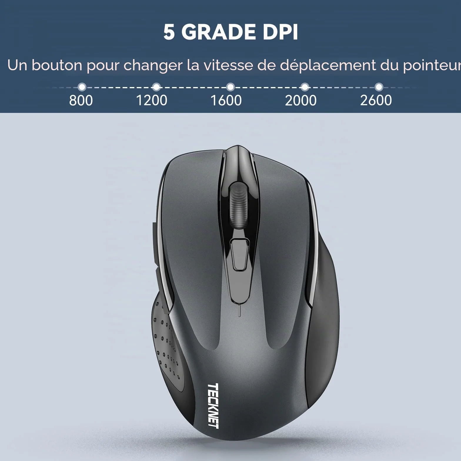 TECKNET Souris sans Fil 2.4G Optique 2600 DPI Ergonomique avec Récepteur USB Gris