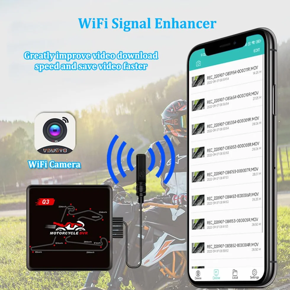 Vsystemo WiFi Motocyklowy tachograf HD 1080p przednia i tylna wodoodporna kamera DVR (Czarny Q3)