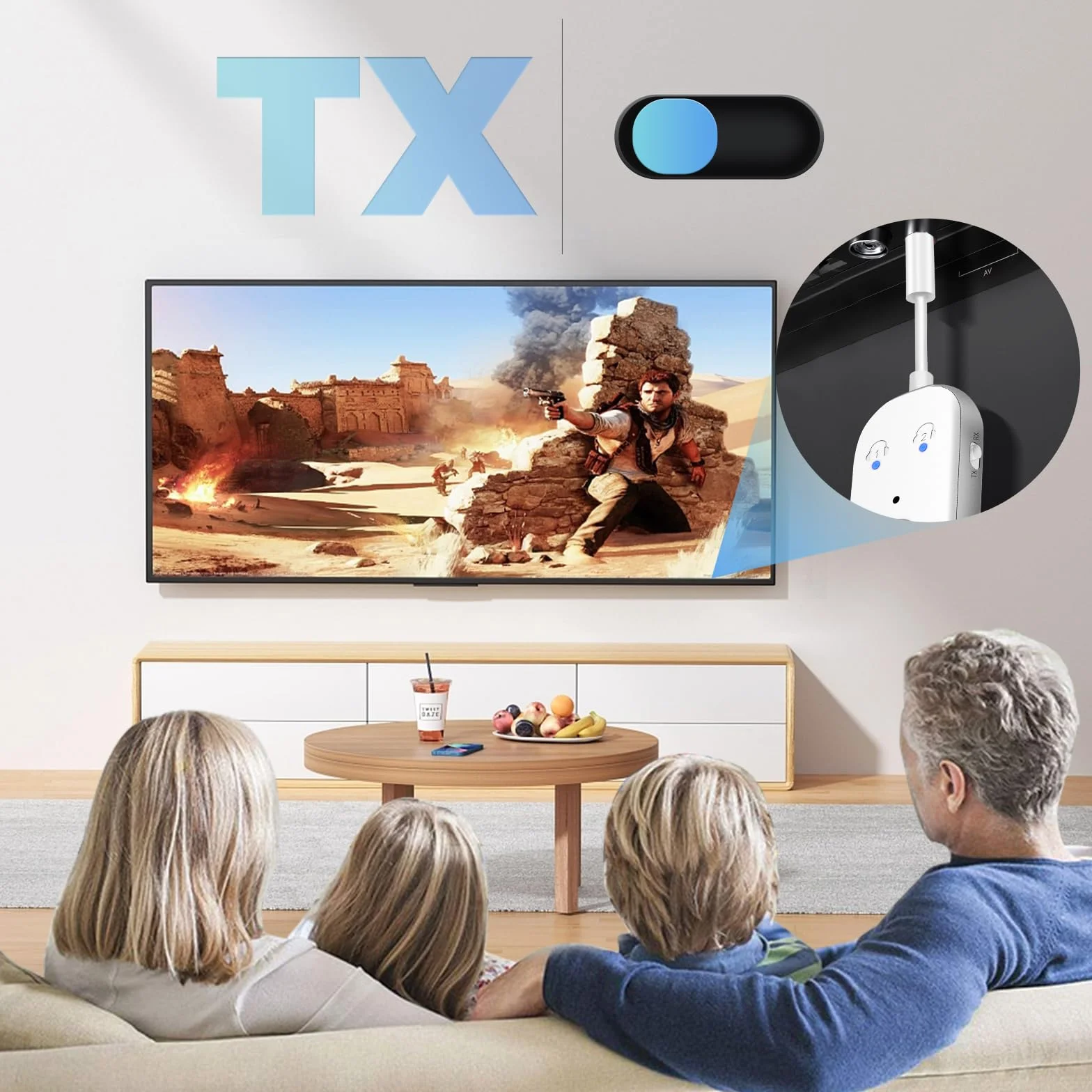 Adapter nadajnika Bluetooth 5.3, nadajnik-odbiornik Bluetooth 2 w 1, obsługuje 2 słuchawki, nadajnik z gniazdem AUX 3,5 mm do telewizora, telefonu komórkowego, systemu audio w samochodzie, tabletu PC