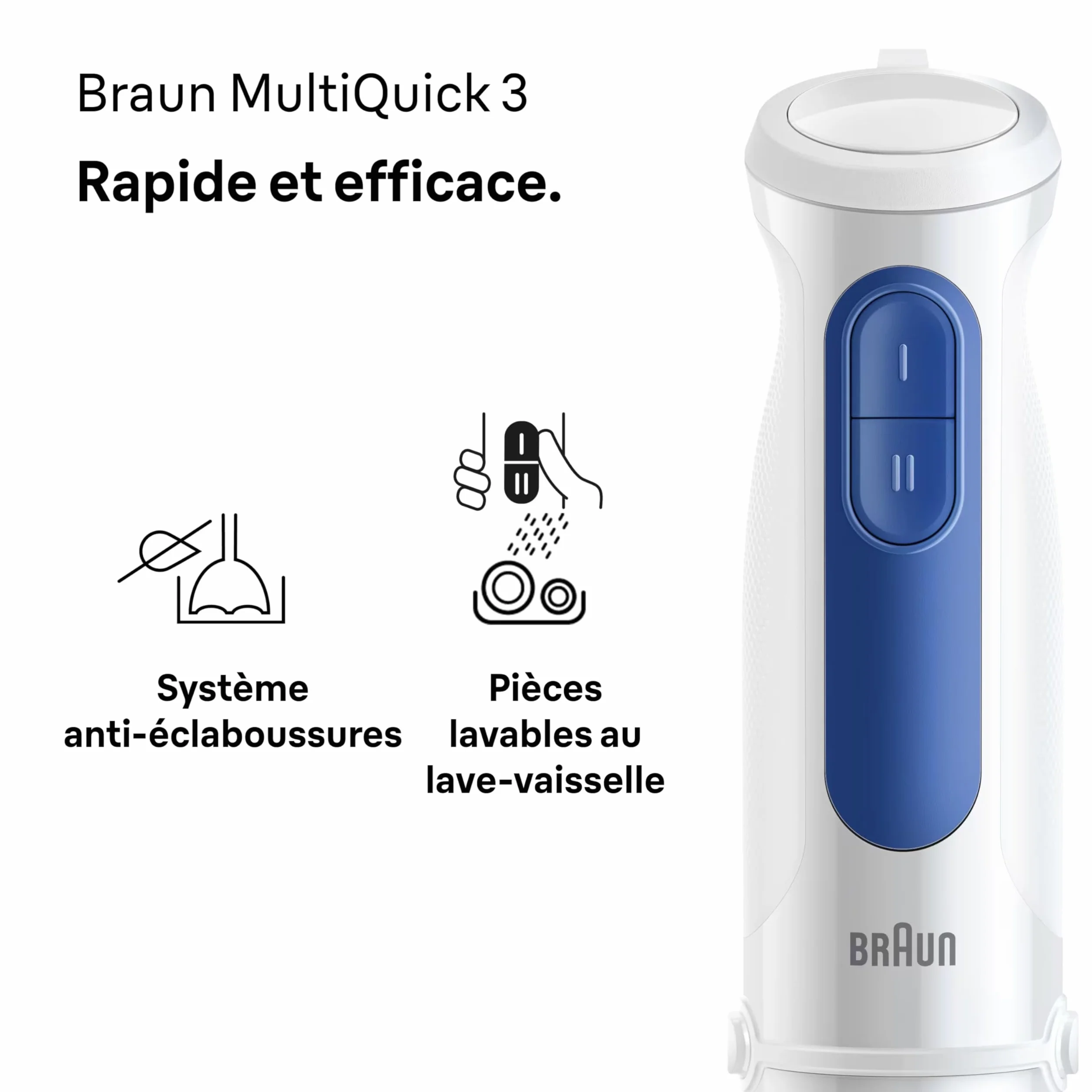 Braun MultiQuick 3 MQ30.202M, Mixeur Plongeant avec Technologie PowerBell VPlus, 2 Vitesses+Turbo, EasyClick Plus pour Accessoires, Anti Éclaboussures, Hachoir 350ml, Verre 600ml, Fouet, 900W, Noir