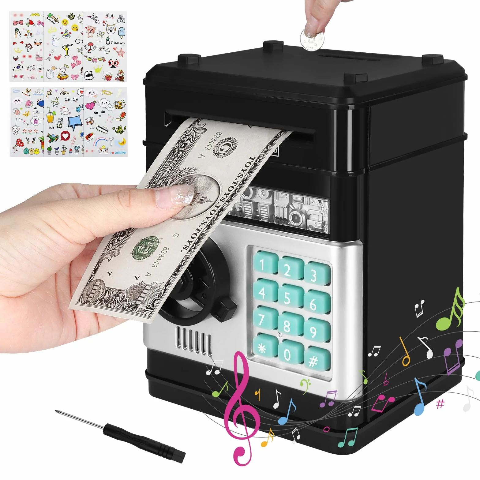 Tirelire électronique numérique ATM avec mot de passe, billets acceptés, cadeau pour enfants 3-12 ans noir