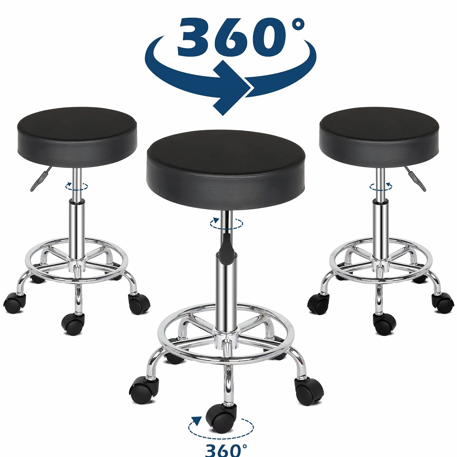 Tabouret de Bureau à Roulettes Rotation 360° Hauteur Réglable Noir
