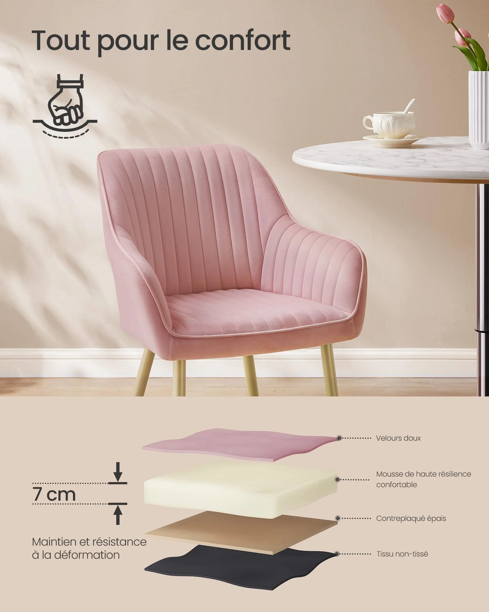 SONGMICS Chaise Salle à Manger, Chaise de Cuisine, Fauteuil en Velours, Rembourrée, avec Accoudoirs, Charge Max. 120 kg, Pieds en Métal, pour Salle à Manger, Rose Bonbon et Doré Clair LDC087R01