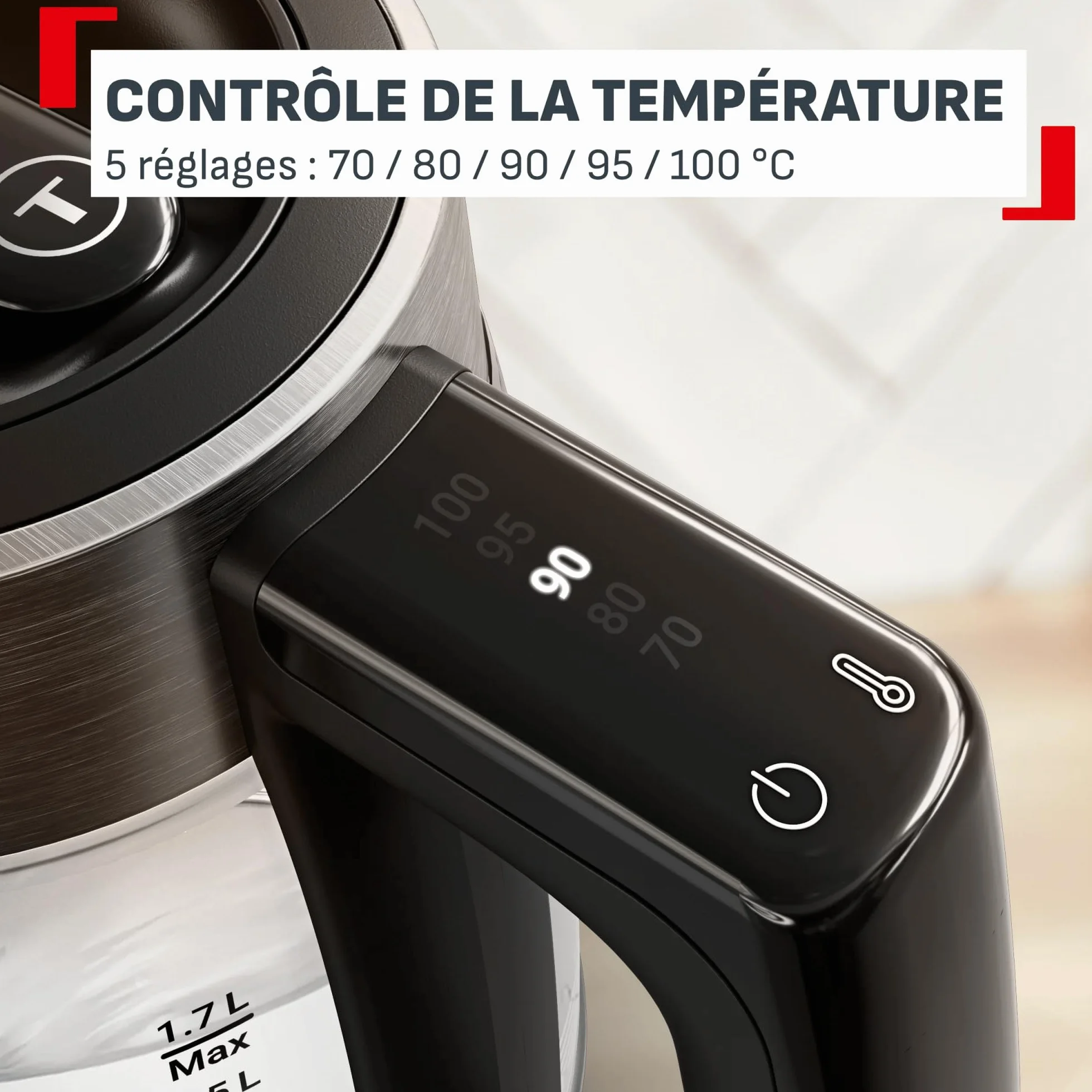 Tefal Express, Bouilloire en verre électrique, Réglages sur la poignée, 1,7 L, 5 niveaux de température, Suivi en temps réel, KO760DE0