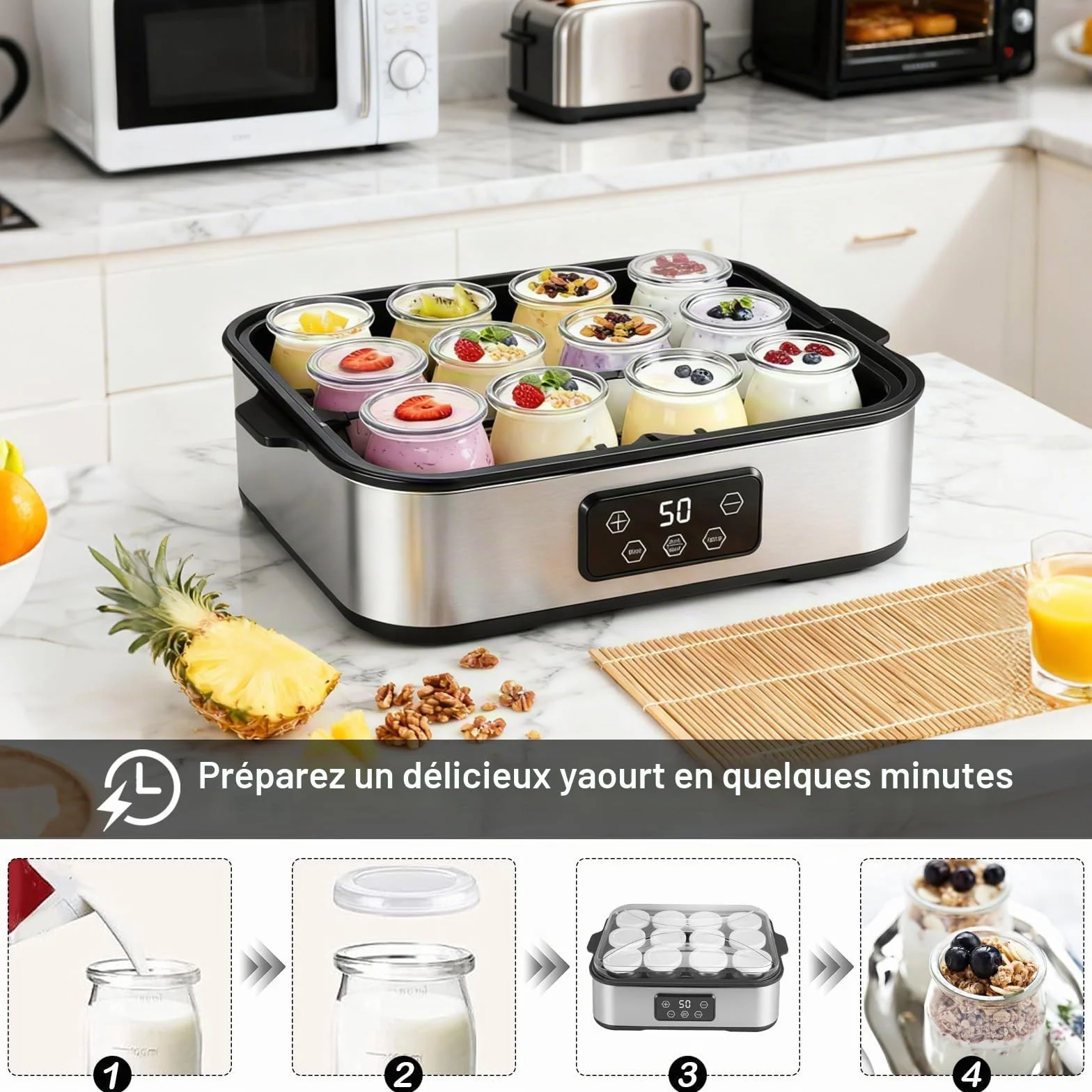 Yaourtière Électrique 2200 ml, avec 12 × 180 ml Pots en Verre, Machine à Yaourt Digitale Inox, Yaourtière Automatique pour Yaourt Maison, Fromage ou Natto