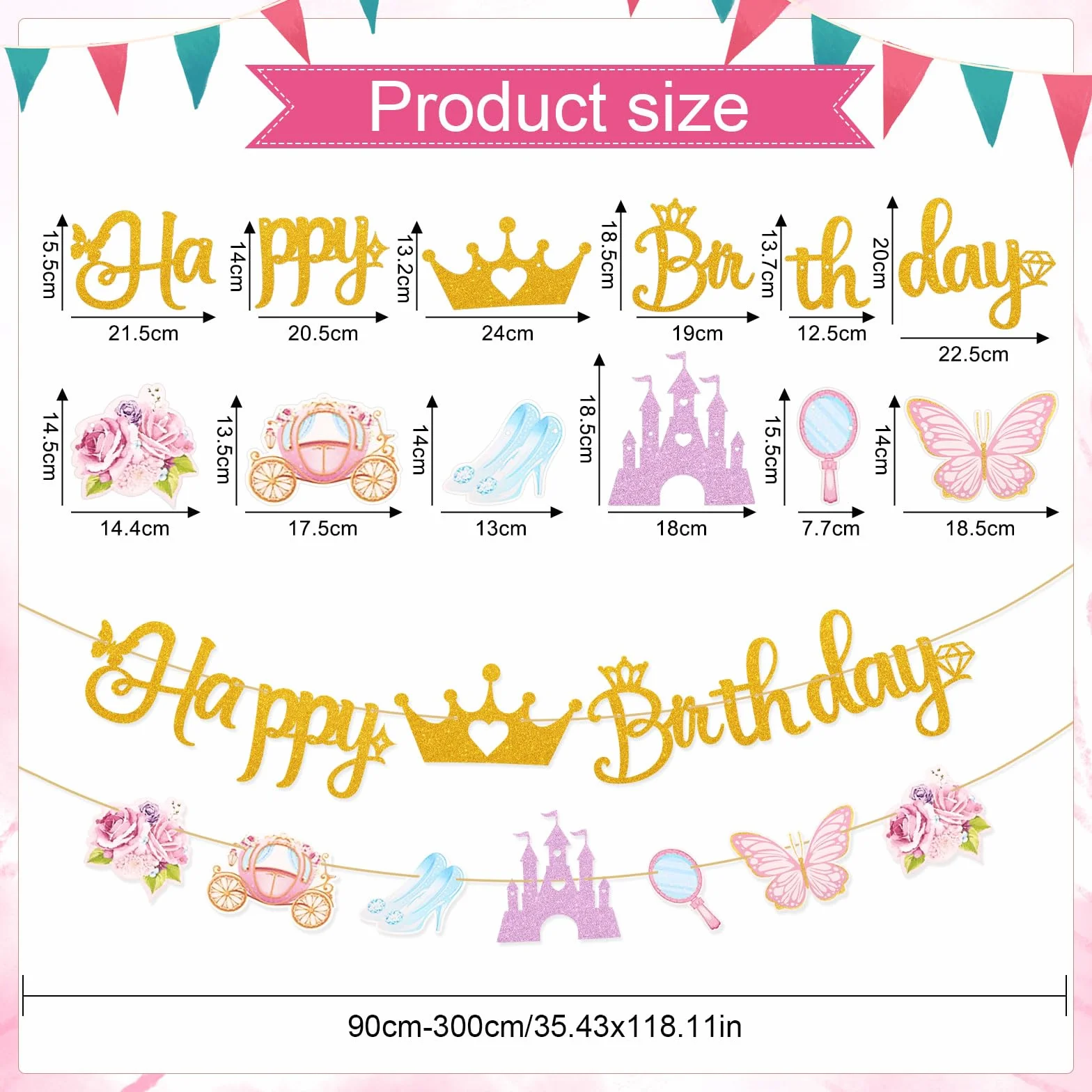 Bannière d'Anniversaire Princesse BOXOB avec Couronne Château Chaussure en Cristal Calèche pour Filles