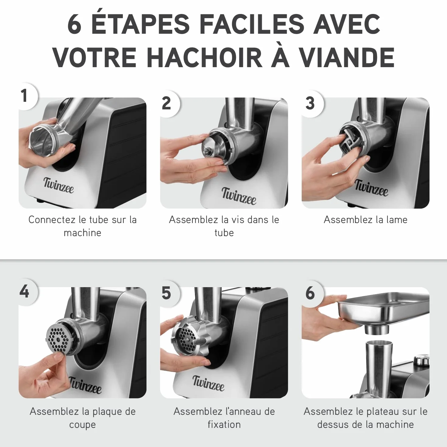 Twinzee Hachoir à Viande Électrique (Noir) - Hachoir Électrique Polyvalent avec 3 Plaques de Coupe en Métal et 3 Embouts à Saucisses, 1500W Max
