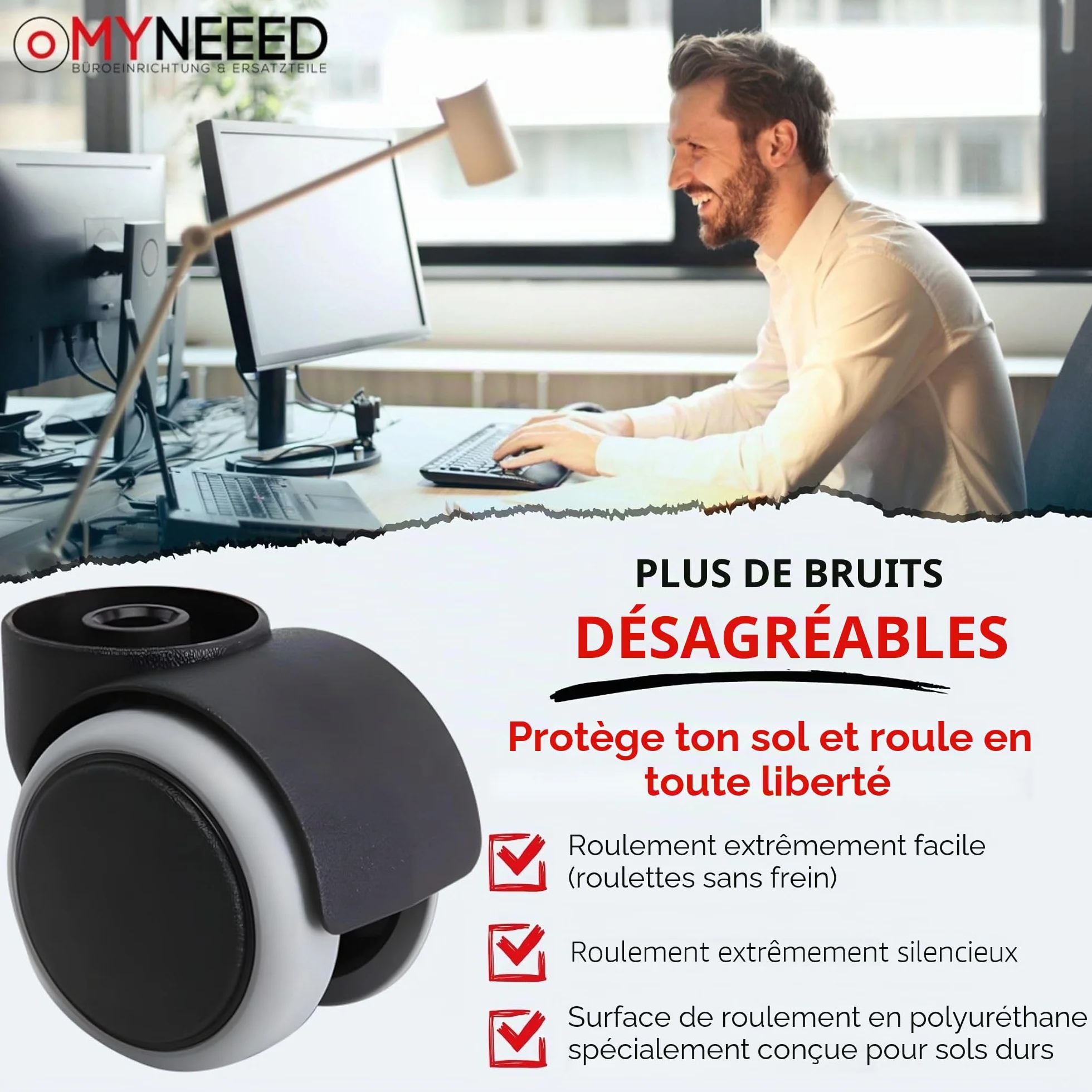 Roulettes pour sols durs 10 mm/11 mm pour toutes les marques de chaises de bureau – Roulettes résistantes sans goupille pour sols stratifiés, parquets, carrelages – Sans rayures et silencieuses