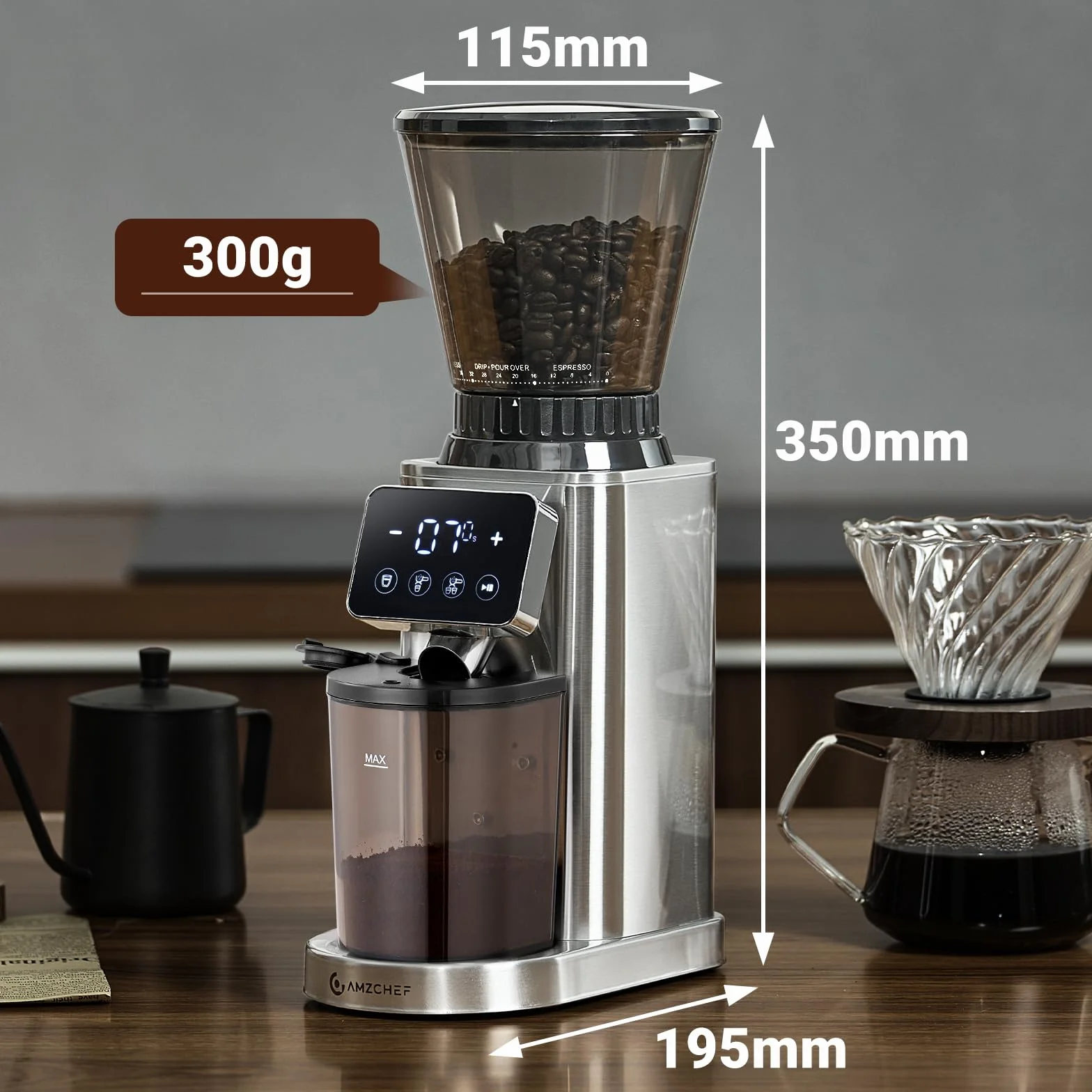 AMZCHEF Moulin à Café Électrique avec 48 Réglages de Mouture, Système Antistatique, Écran Tactile LCD, Réservoir à Grains 300 g, Meule Conique en Acier Inoxydable, pour Expresso et Café Filtre