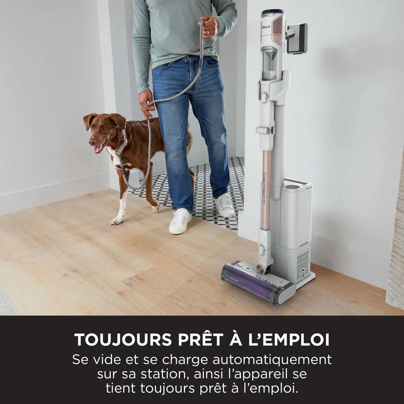 Shark Aspirateur sans fil Detect Clean & Empty, aspiration puissante, système de détection de la saleté, base auto-vidante 2l, autonomie 60min, fonction anti-emmêlement, suceur plat, Blanc IW3612AMZEU