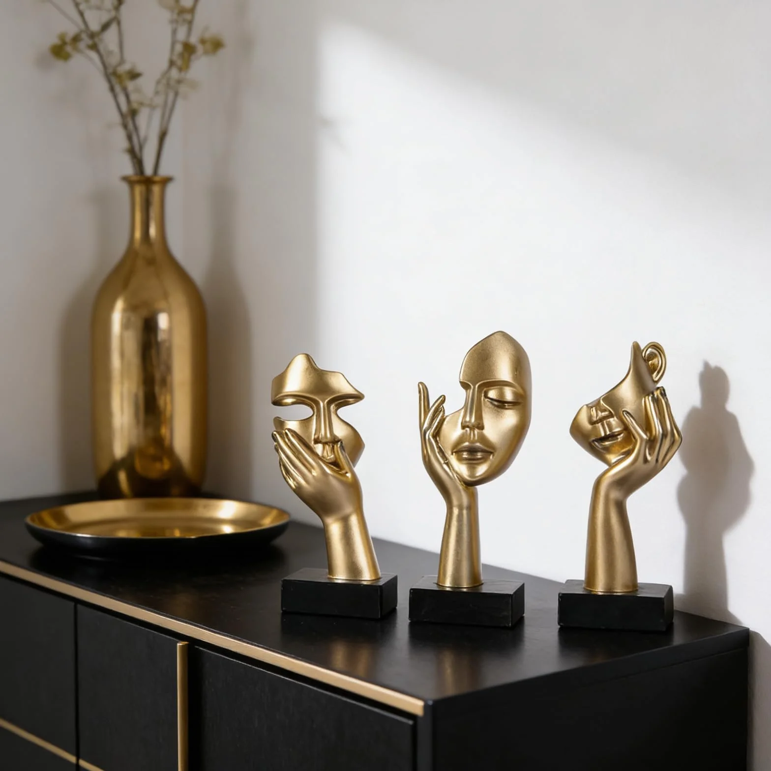 Lot de 3 Statues de Penseur, Sculpture Abstraite Dorée et Noire, Décoration Bureau, Cadeau Noël Nouvel An