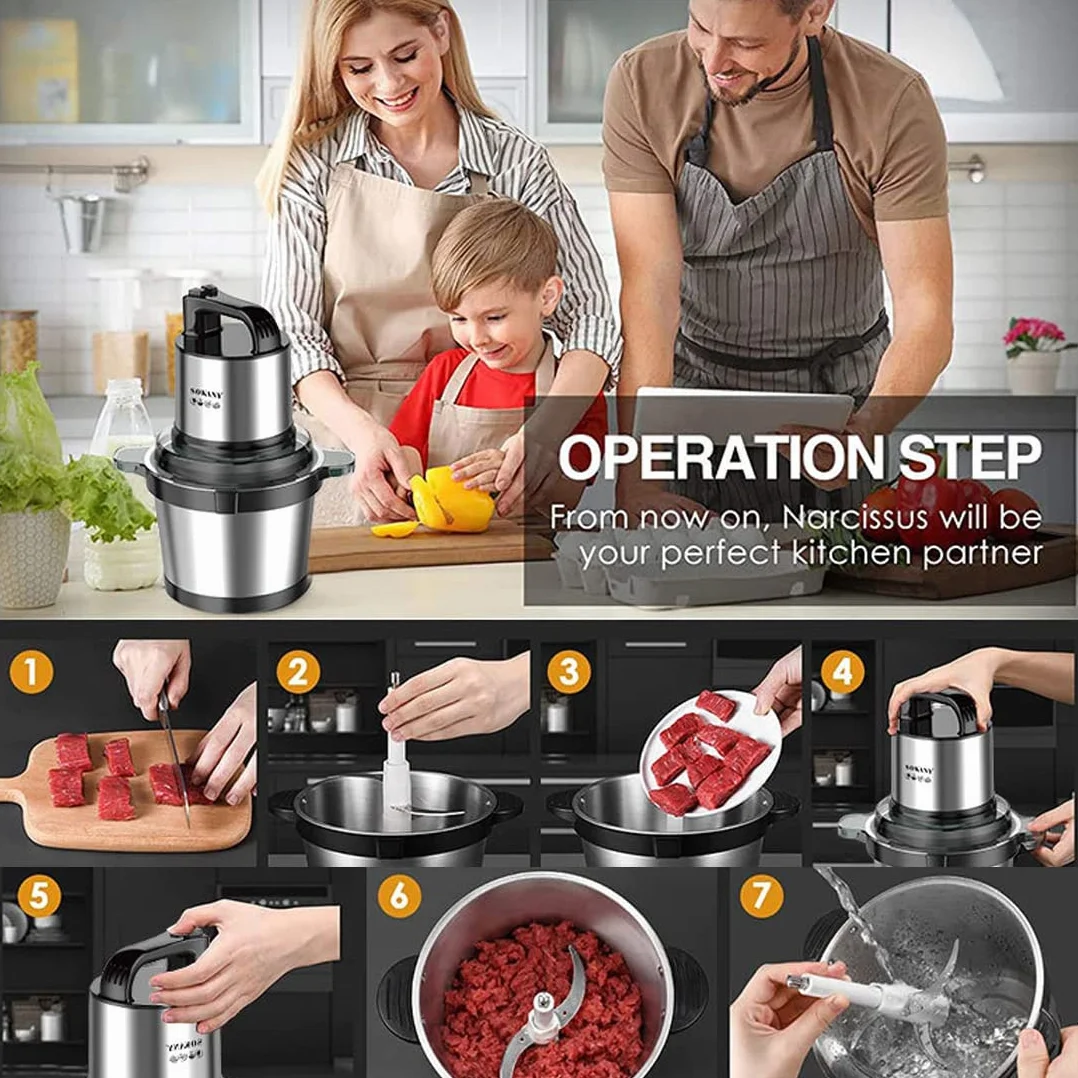 SOKANY Hachoir Électrique Mini hachoir a viande electrique Avec Bol Acier Inox, robot mixeur petit Avec 2 niveaux de vitesse et 4 Lames en inox (SK-7028, 800W, 4L)